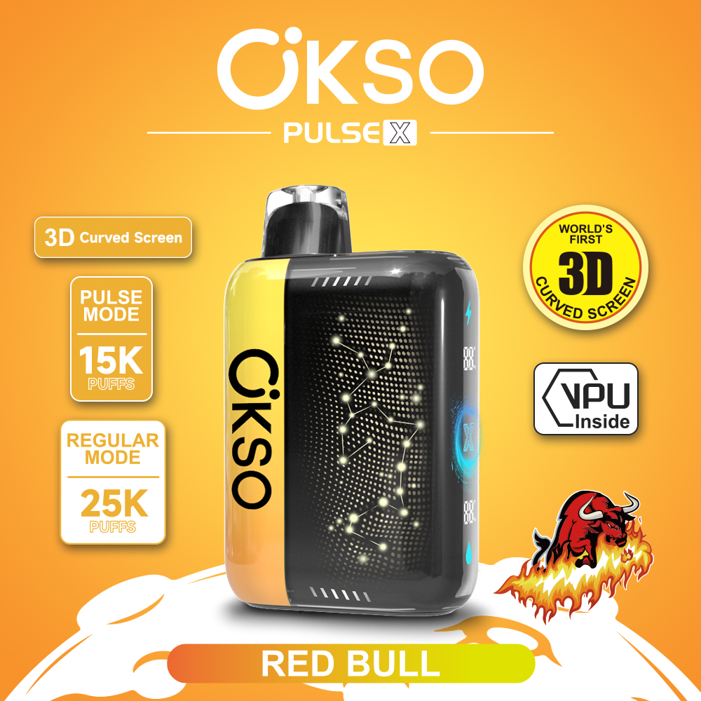 OKSO Pulse X 25000 25K Puffs Pulse/Regular Mode LED Display Disposable Vape in Red Bull flavor
