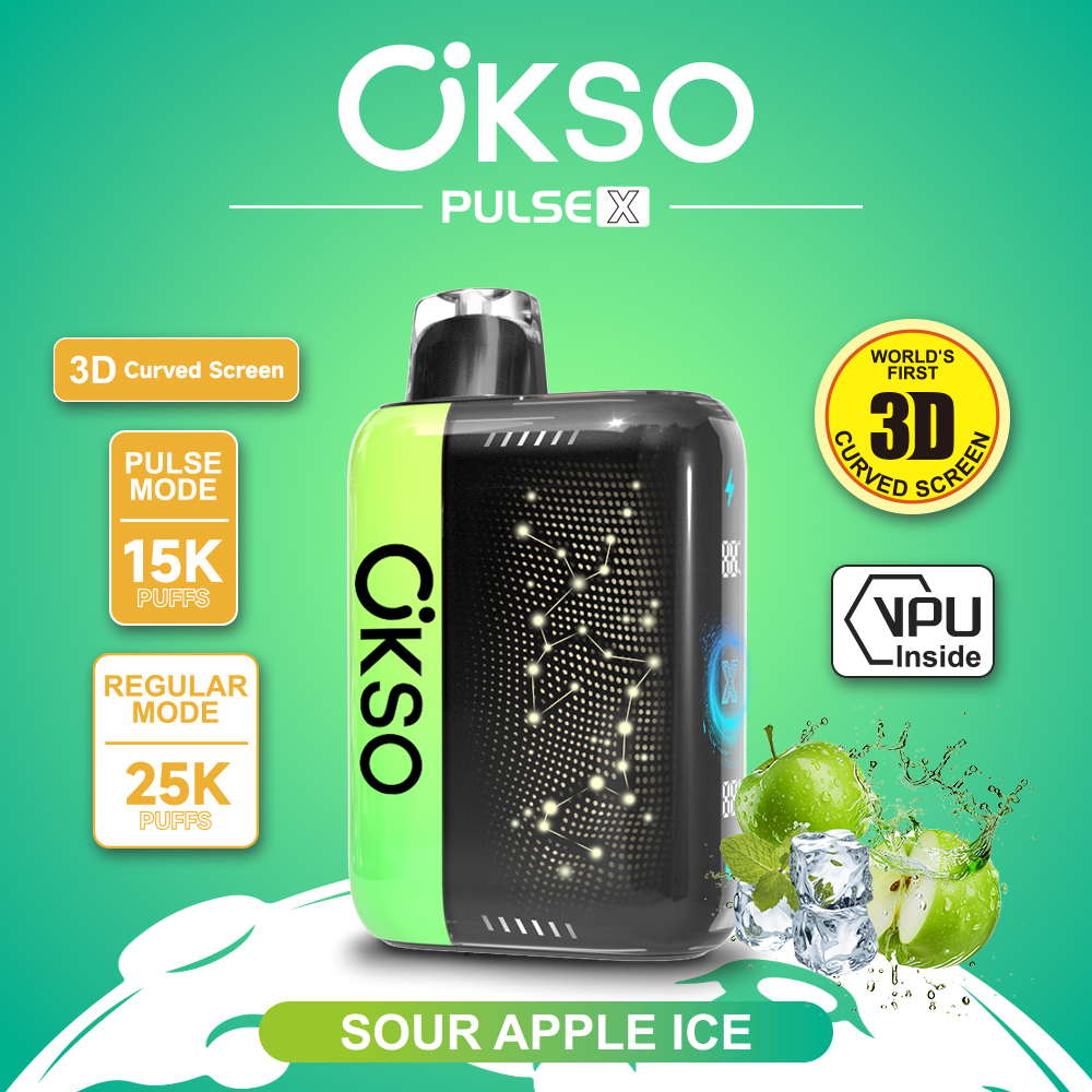 OKSO Pulse X 25000 25K Puffs Pulse/Regular Mode LED Display Disposable Vape in Sour Apple Ice flavor