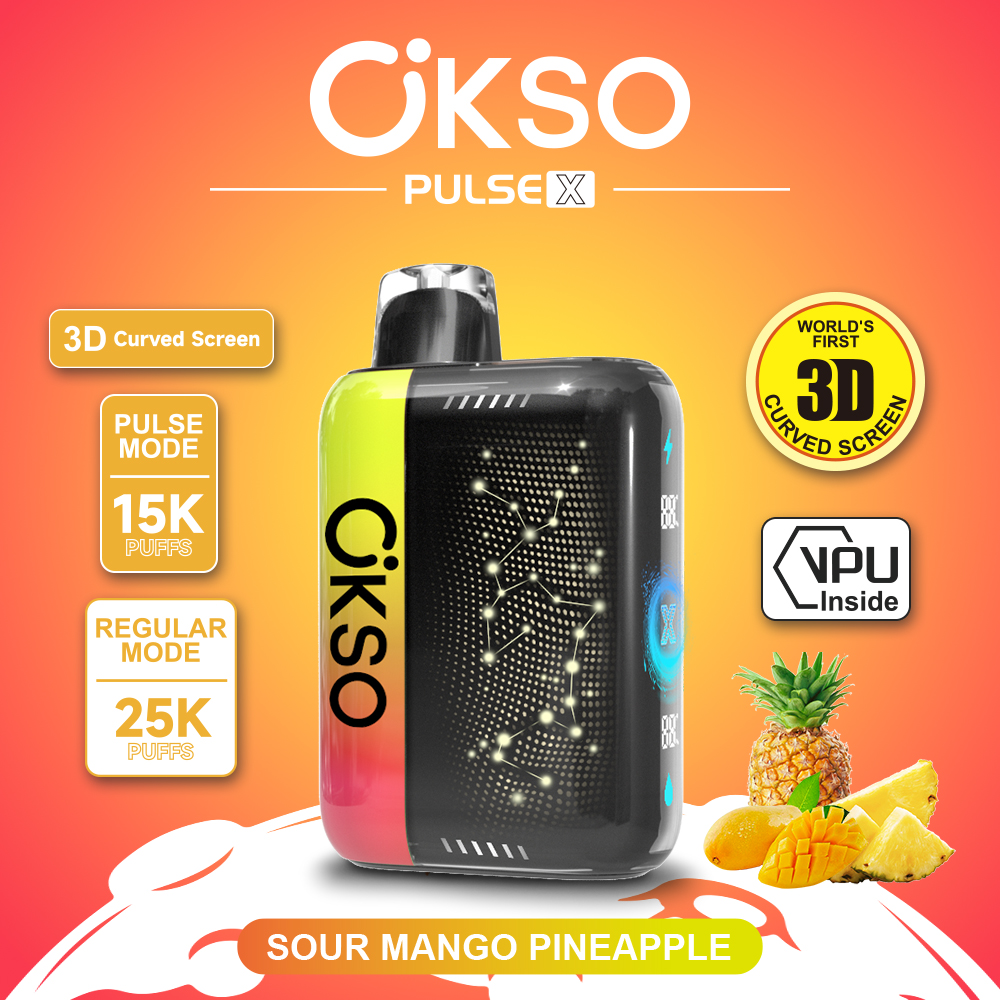 OKSO Pulse X 25000 25K Puffs Pulse/Regular Mode LED Display Disposable Vape in Sour Mango Pineapple flavor