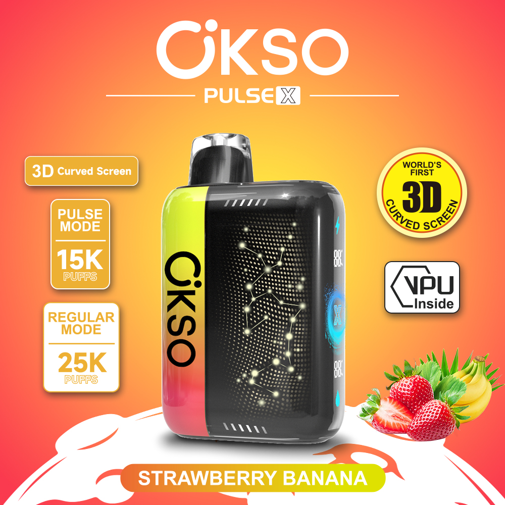 OKSO Pulse X 25000 25K Puffs Pulse/Regular Mode LED Display Disposable Vape in Strawberry Banana flavor