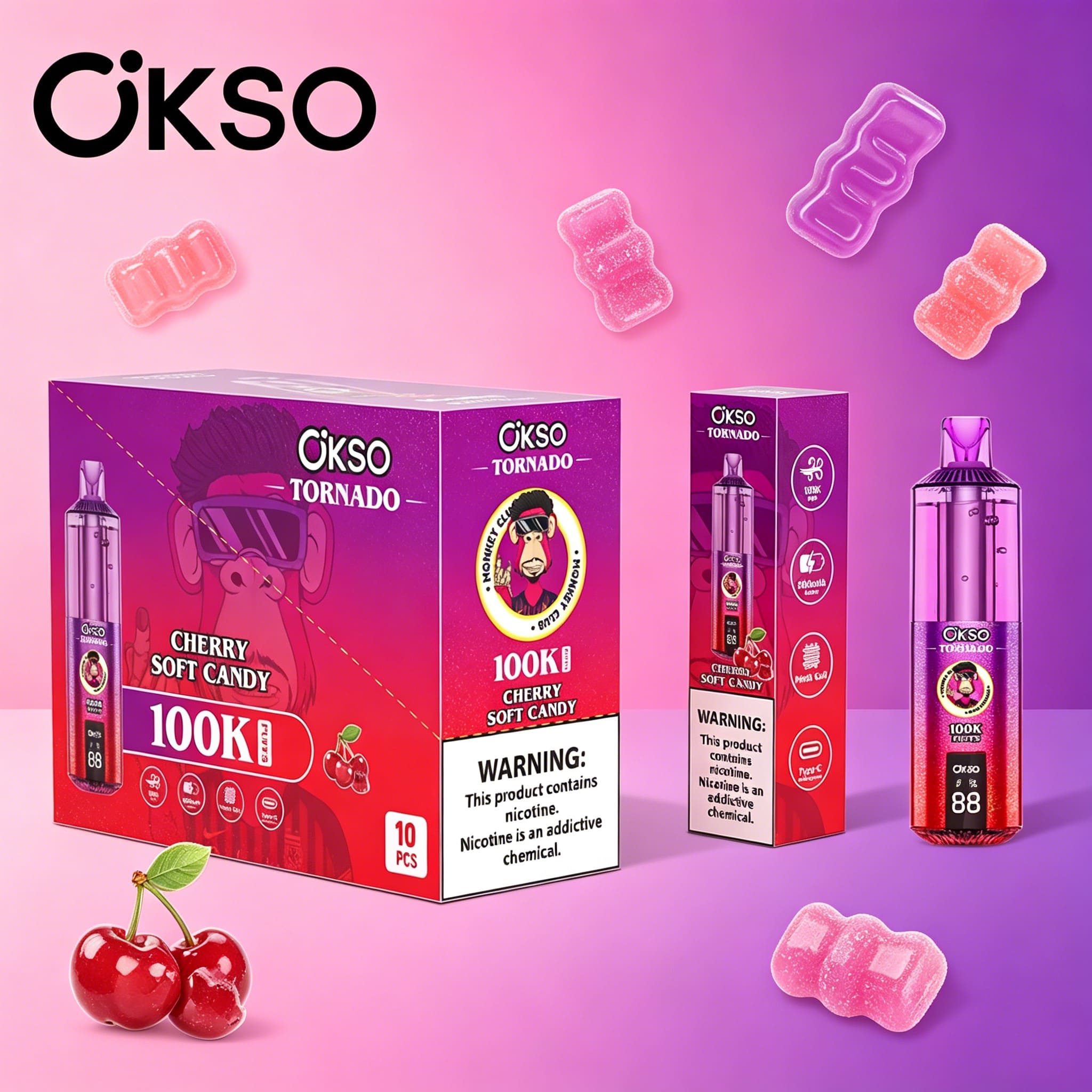 OKSO Tornado 100K 100000 Puffs RGB LED Rechargeable Visual Oil Vape in Cherry Soft Candy flavor
