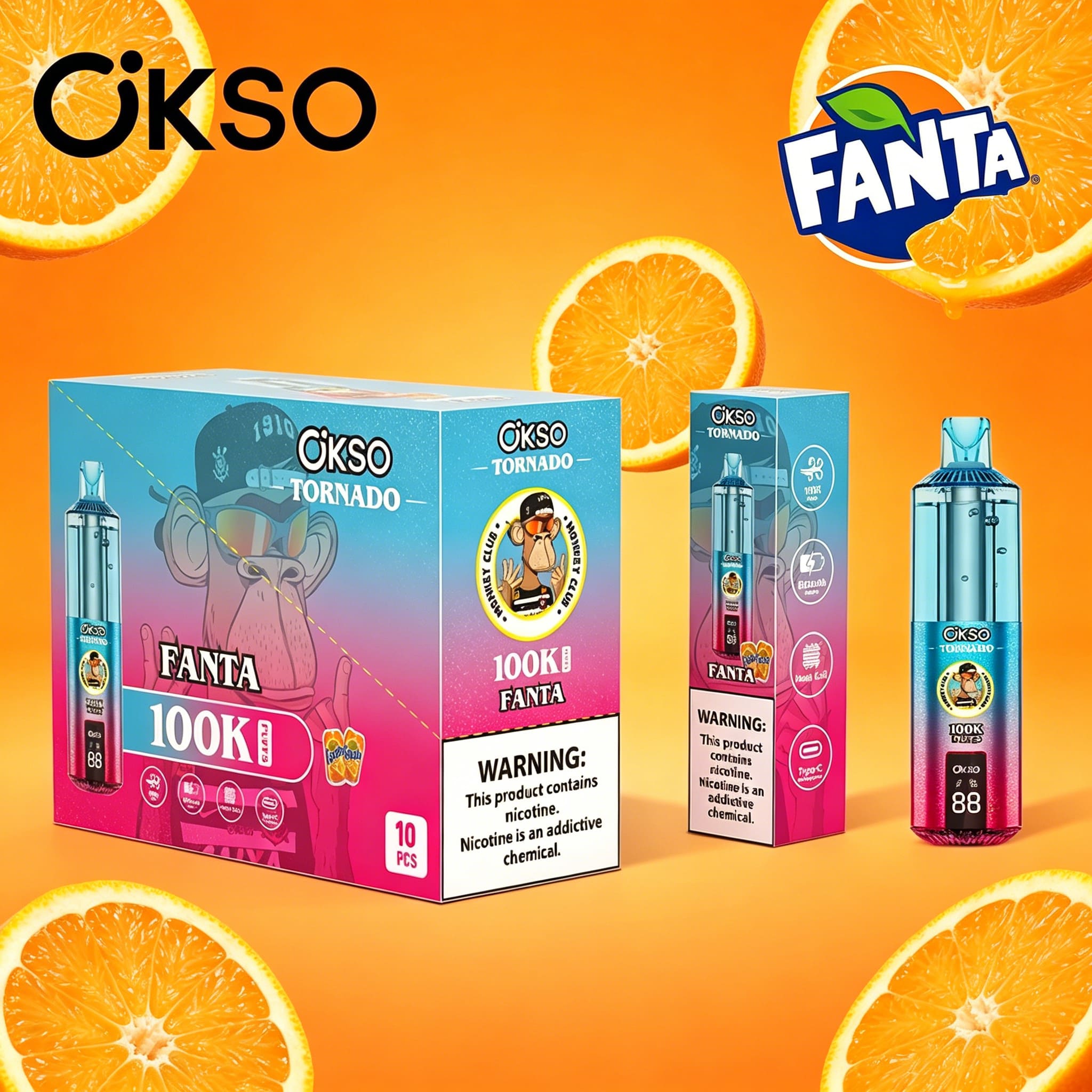 OKSO Tornado 100K 100000 Puffs RGB LED Rechargeable Visual Oil Vape in Fanta flavor