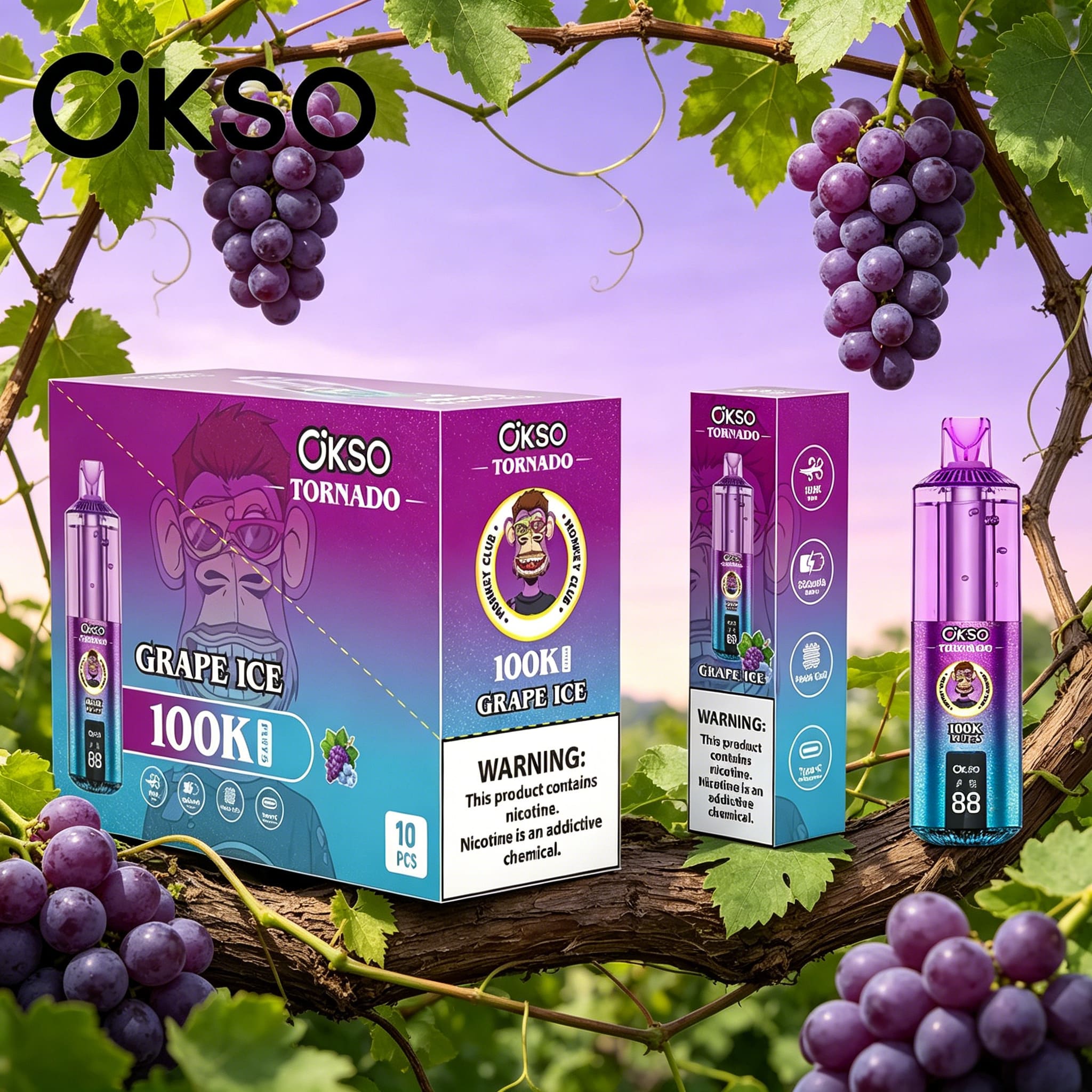 OKSO Tornado 100K 100000 Puffs RGB LED Rechargeable Visual Oil Vape in Grape Ice flavor