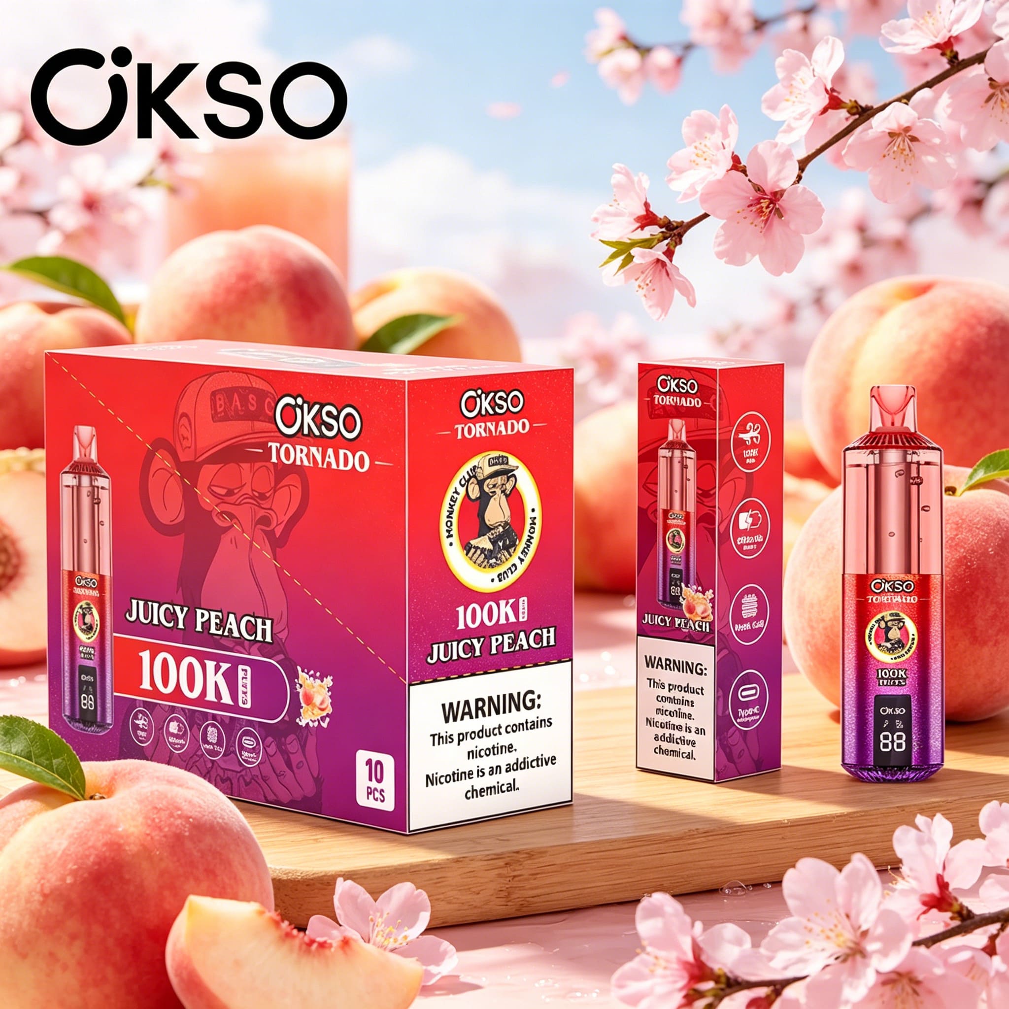 OKSO Tornado 100K 100000 Puffs RGB LED Rechargeable Visual Oil Vape in Juicy Peach flavor