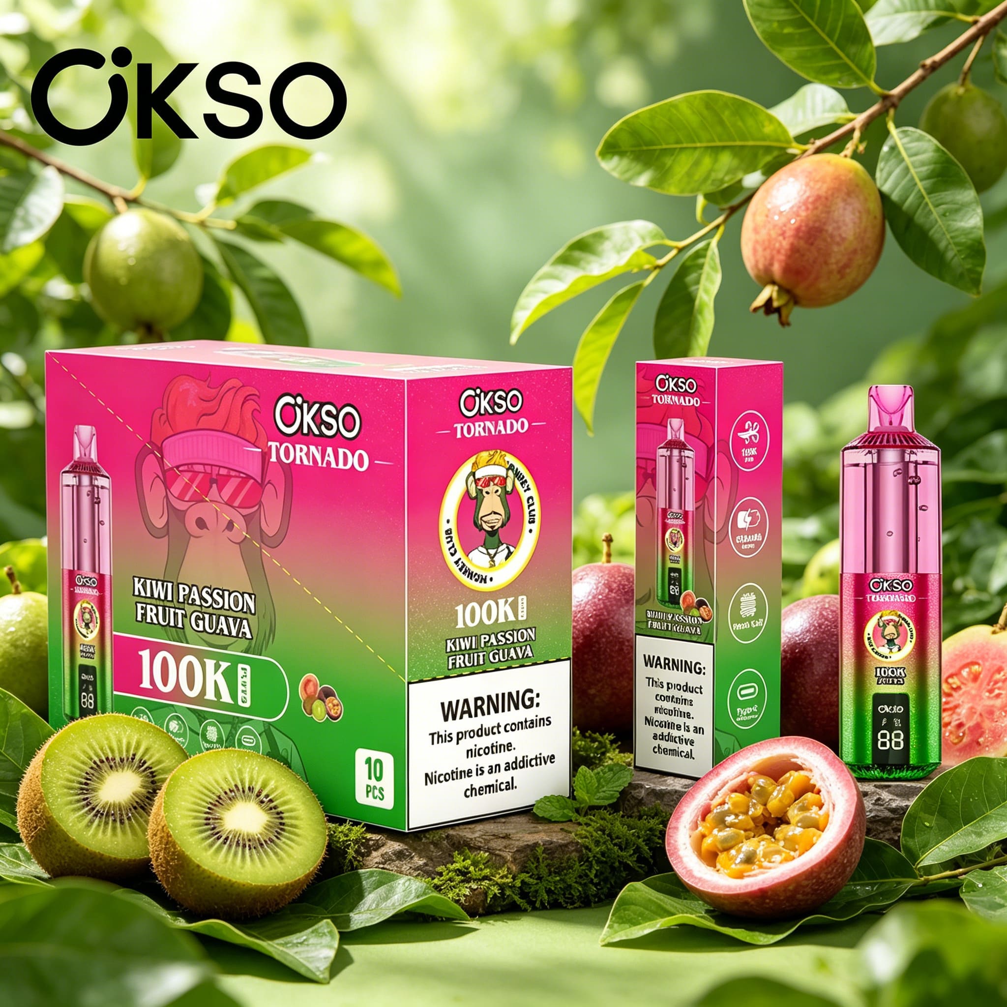 OKSO Tornado 100K 100000 Puffs RGB LED Rechargeable Visual Oil Vape in Kiwi Passion Fruit Guava flavor