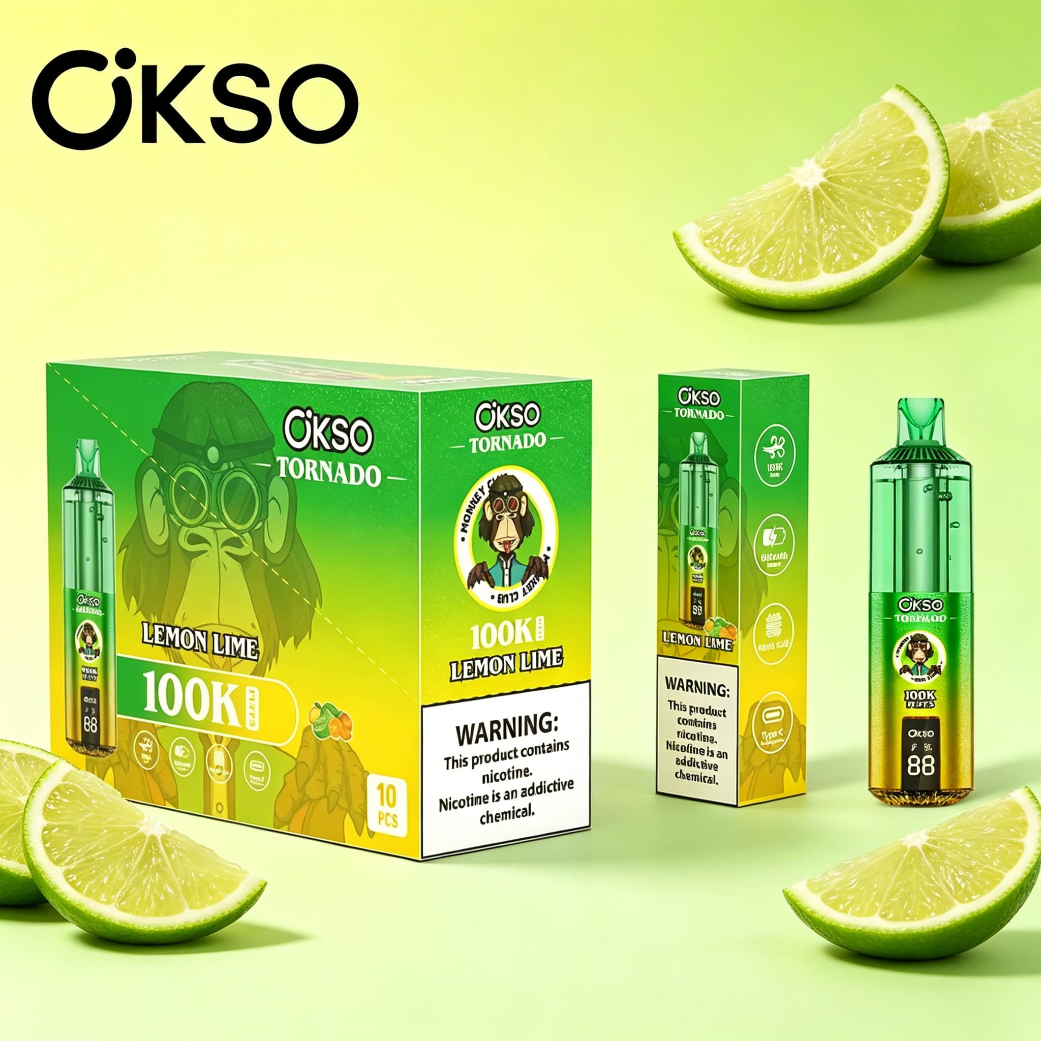 OKSO Tornado 100K 100000 Puffs RGB LED Rechargeable Visual Oil Vape in Lemon Lime flavor