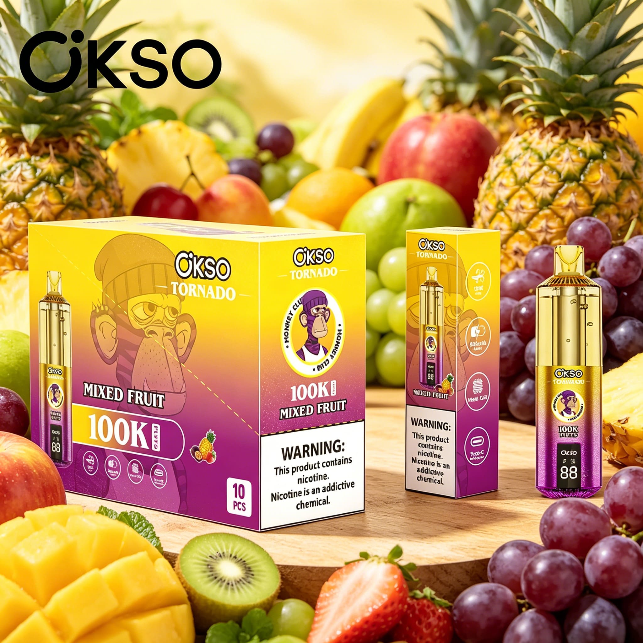OKSO Tornado 100K 100000 Puffs RGB LED Rechargeable Visual Oil Vape in Mixed Fruit flavor