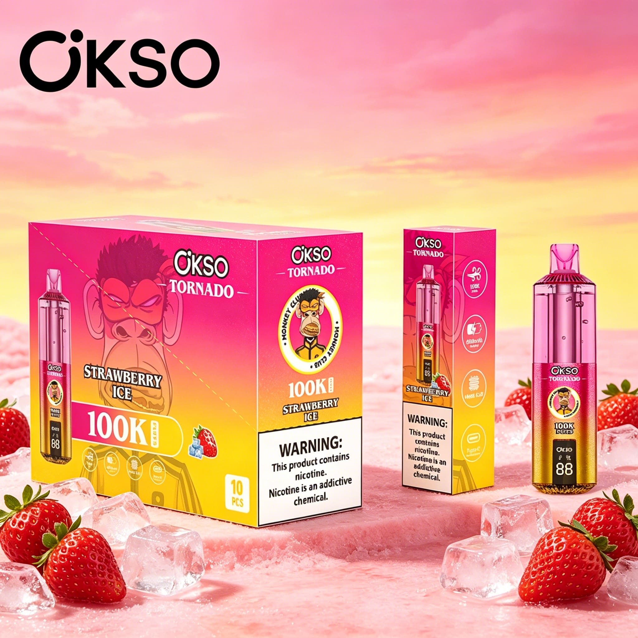 OKSO Tornado 100K 100000 Puffs RGB LED Rechargeable Visual Oil Vape in Strawberry Ice flavor