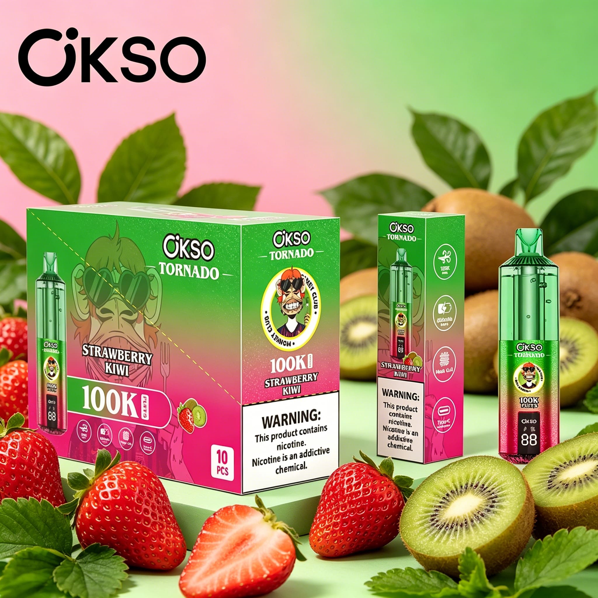 OKSO Tornado 100K 100000 Puffs RGB LED Rechargeable Visual Oil Vape in Strawberry Kiwi flavor