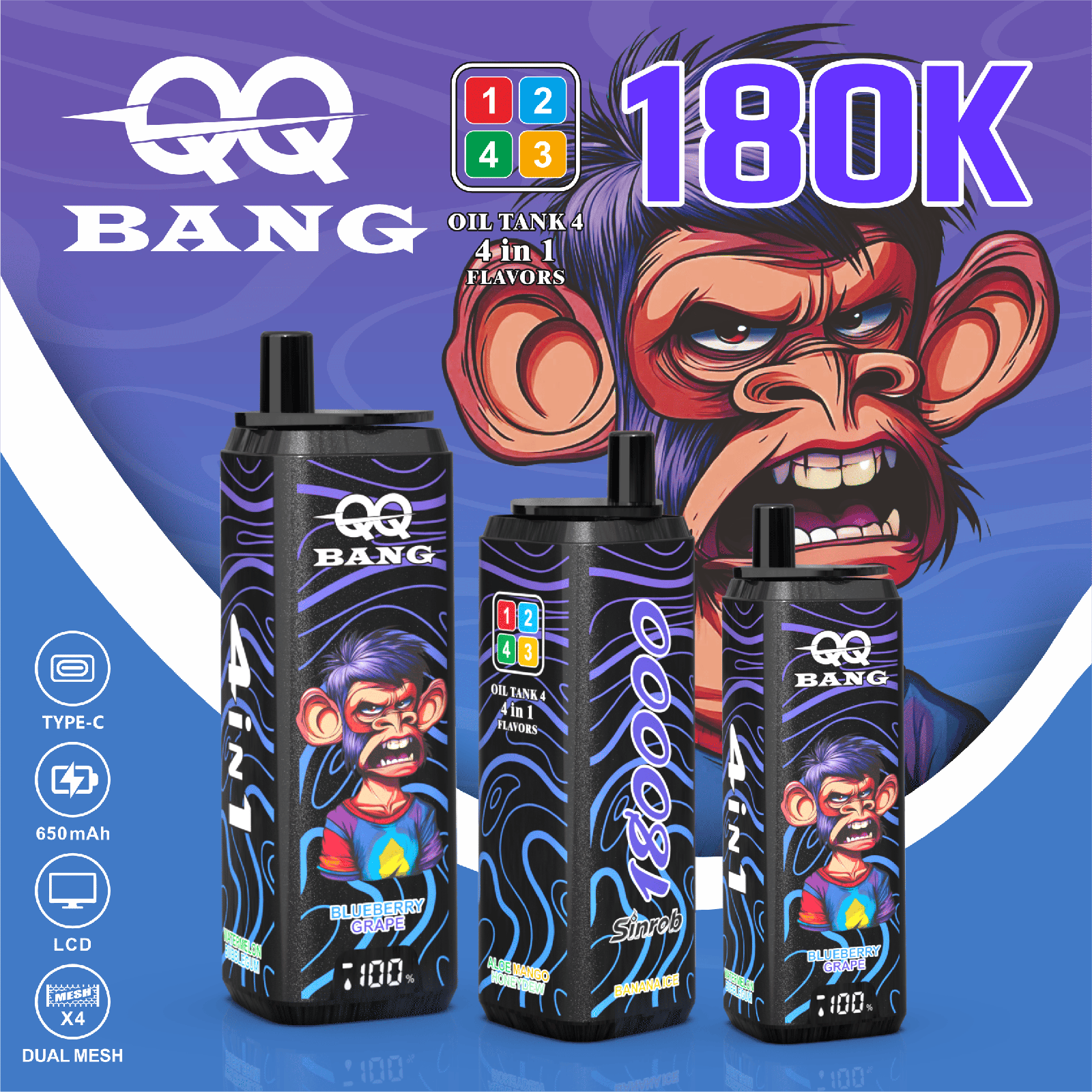 QQ Bang 180000 180K Puffs 4 In 1 Flavors LCD Display Rechargeable Disposable Vape in Banana Ice / Watermelon Bubblegum / Blueberry Grape / Aloe Mango