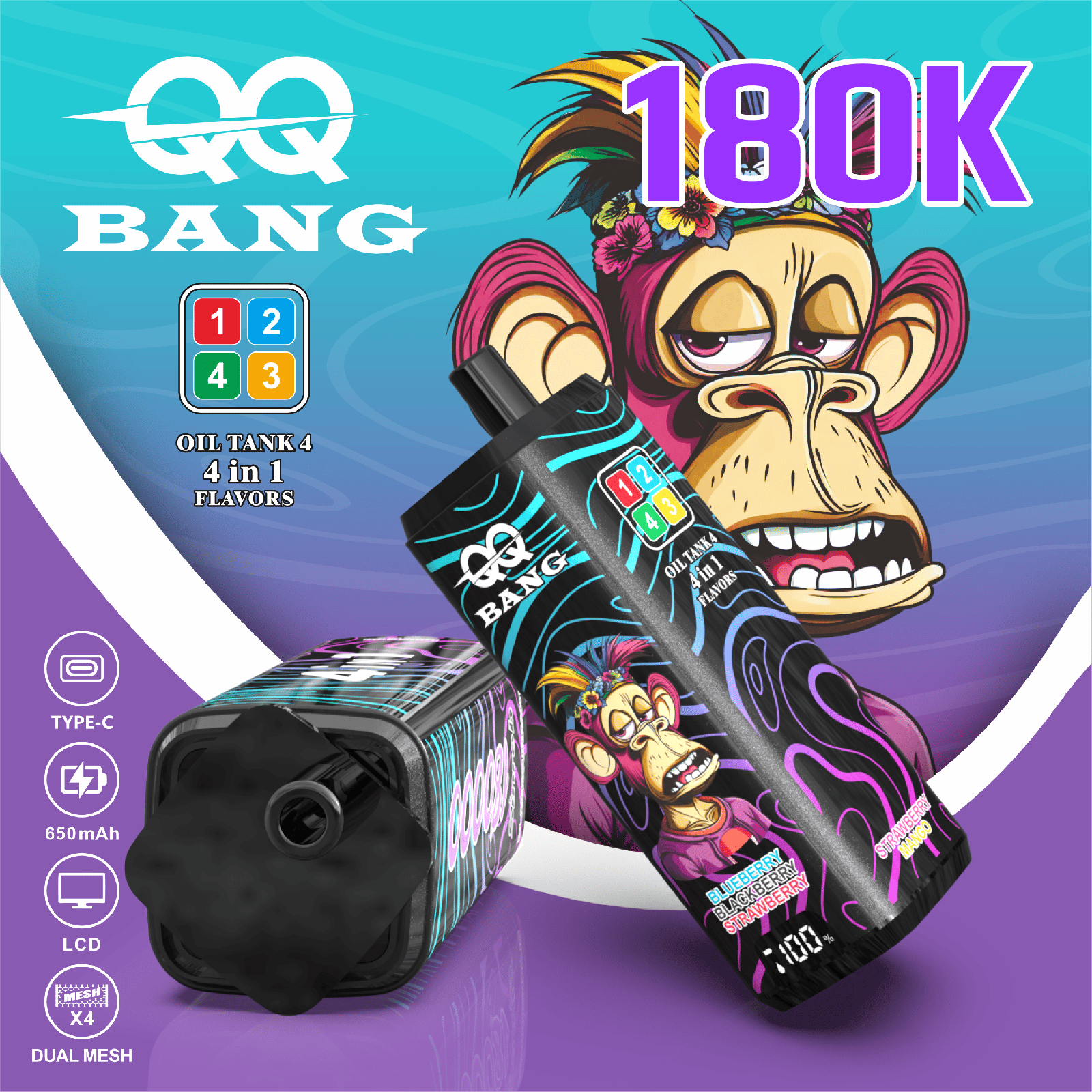 QQ Bang 180000 180K Puffs 4 In 1 Flavors LCD Display Rechargeable Disposable Vape in Blackcurrant / Love 66 / Blueberry Blackberry Strawberry / Strawberry