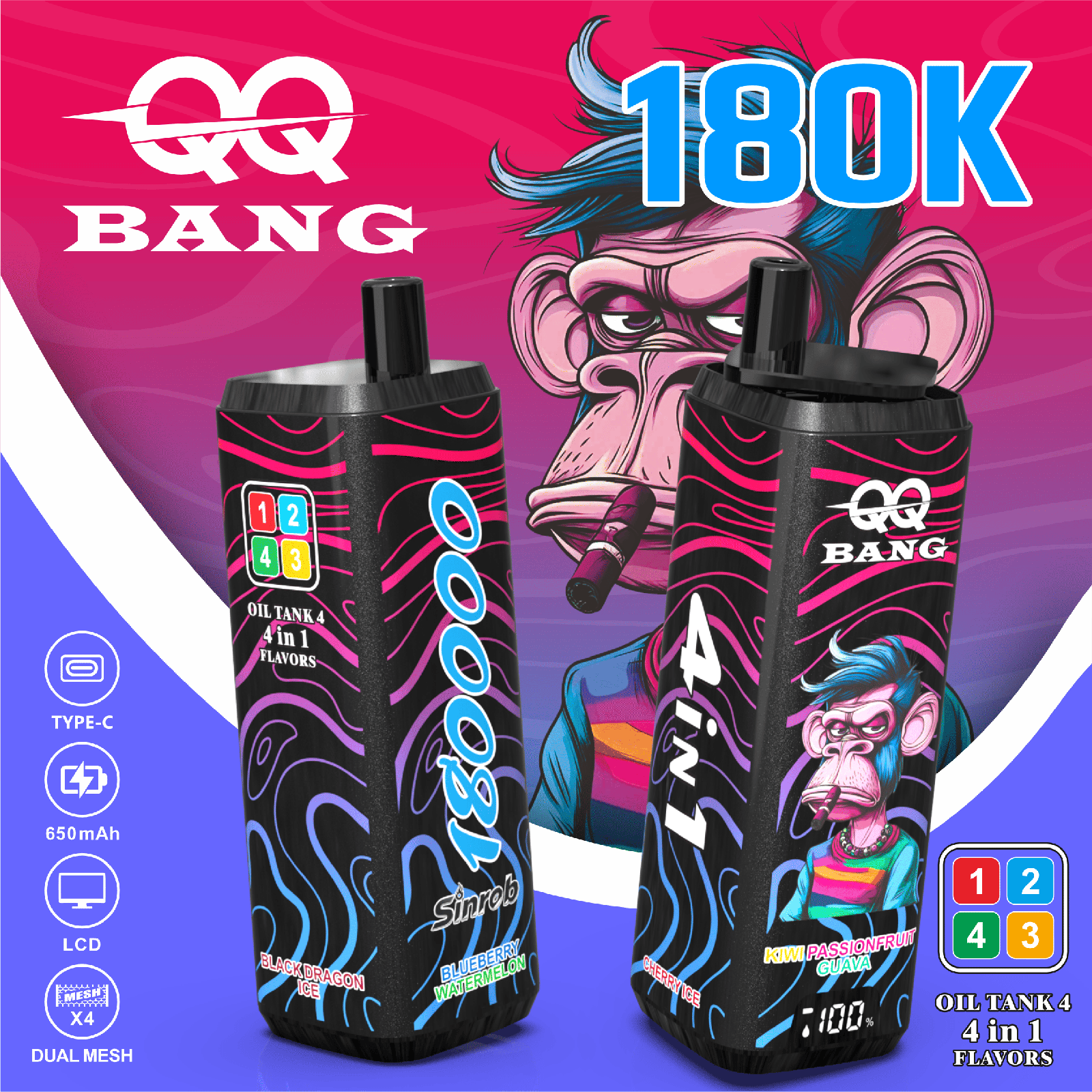 QQ Bang 180000 180K Puffs 4 In 1 Flavors LCD Display Rechargeable Disposable Vape in Blueberry Watermelon / Cherry Ice / Kiwi Passionfruit Guava / Black