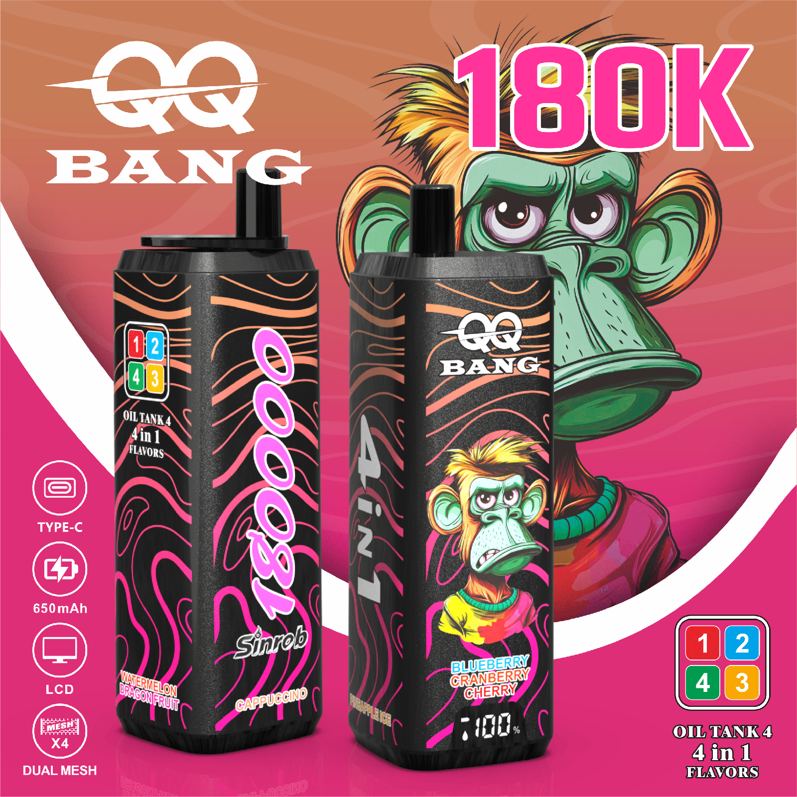QQ Bang 180000 180K Puffs 4 In 1 Flavors LCD Display Rechargeable Disposable Vape product detail image