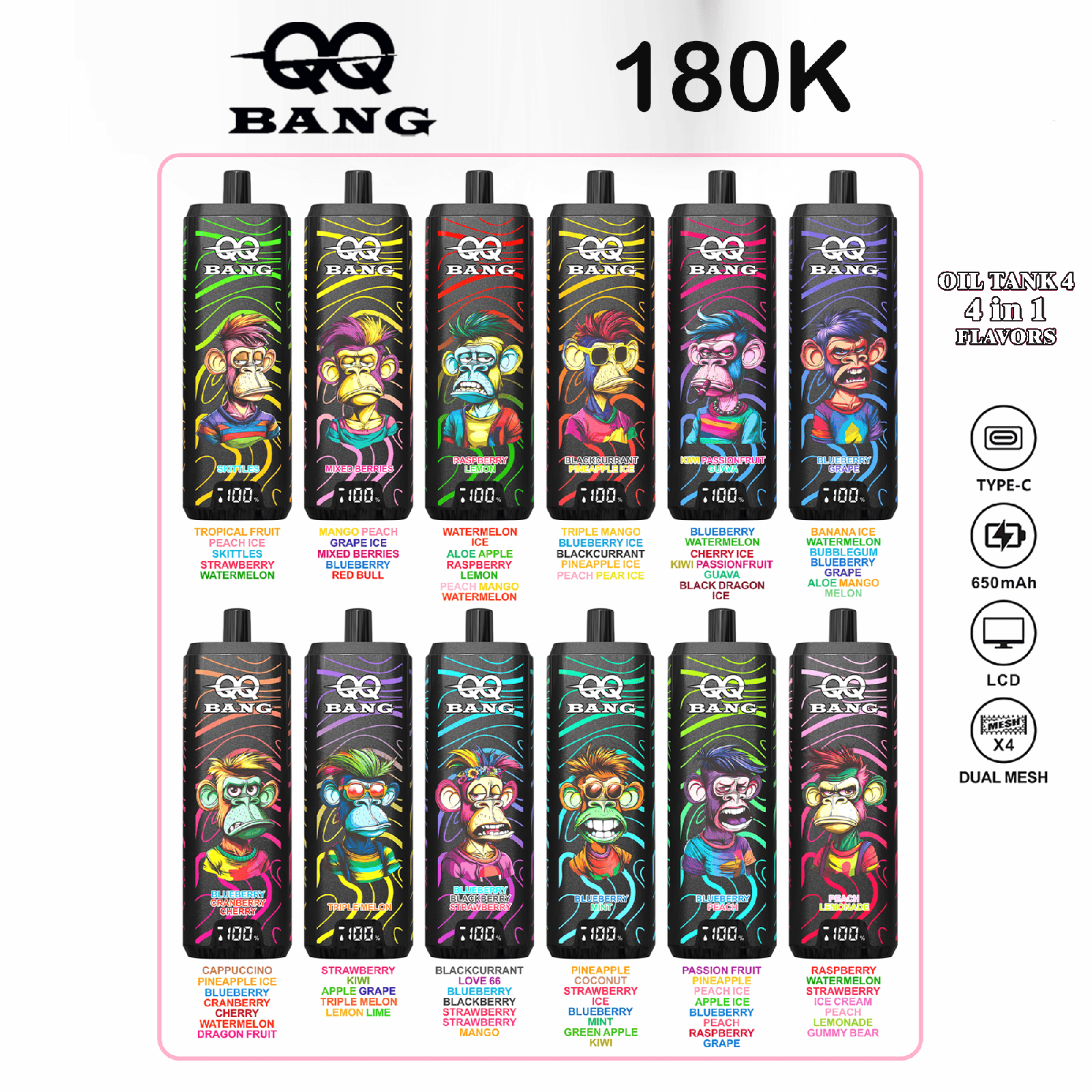 QQ Bang 180000 180K Puffs 4 In 1 Flavors LCD Display Rechargeable Disposable Vape product image