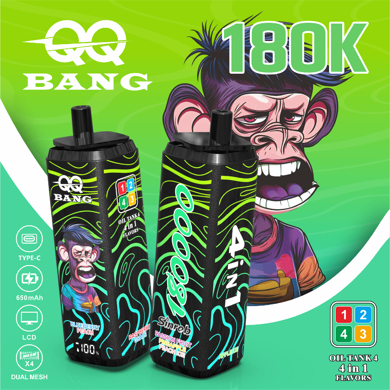 QQ Bang 180000 180K Puffs 4 In 1 Flavors LCD Display Rechargeable Disposable Vape in Passionfruit Pineapple Peach Ice / Apple Ice / Blueberry Peach /