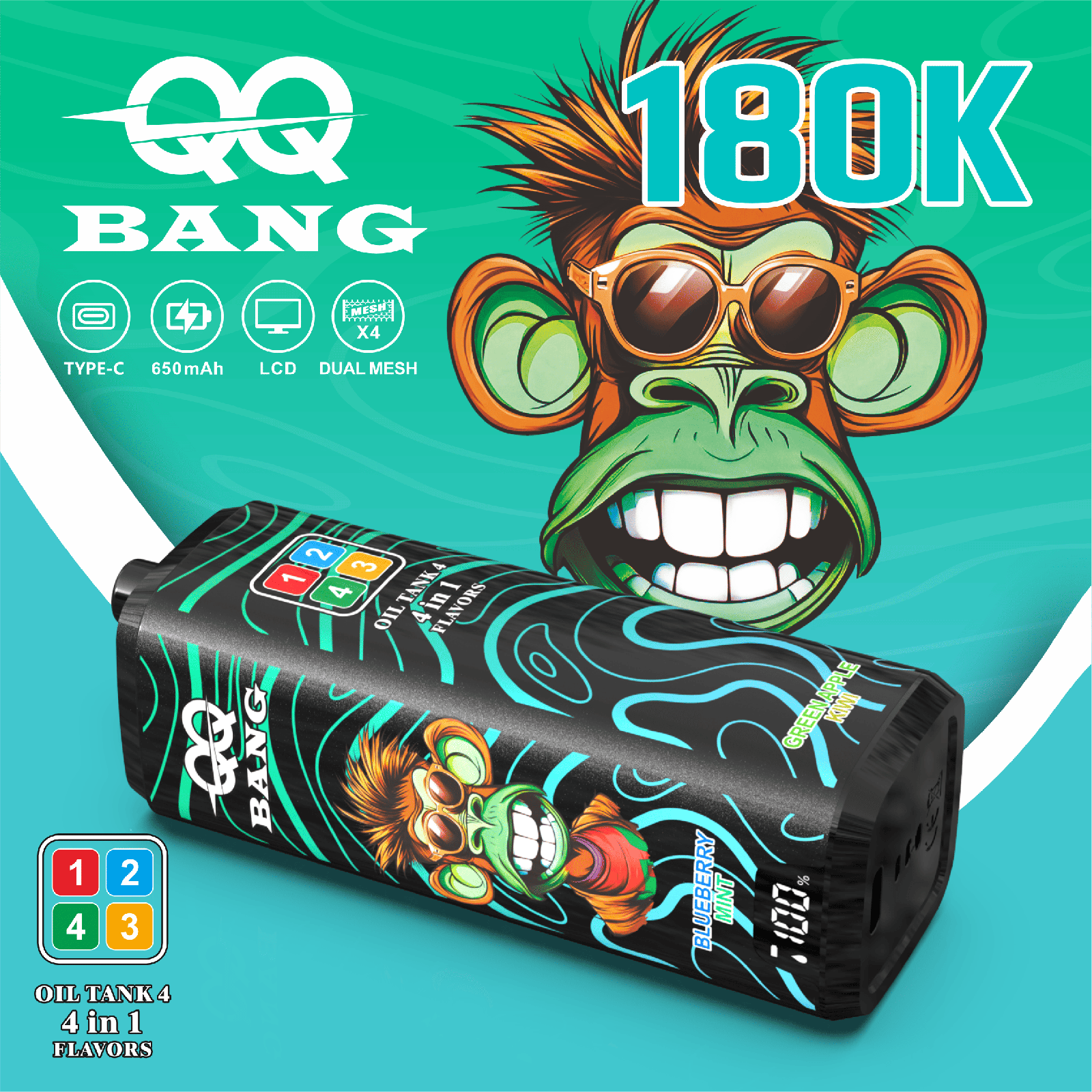 QQ Bang 180000 180K Puffs 4 In 1 Flavors LCD Display Rechargeable Disposable Vape in Pineapple Coconut / Strawberry Ice / Blueberry Mint / Green Apple