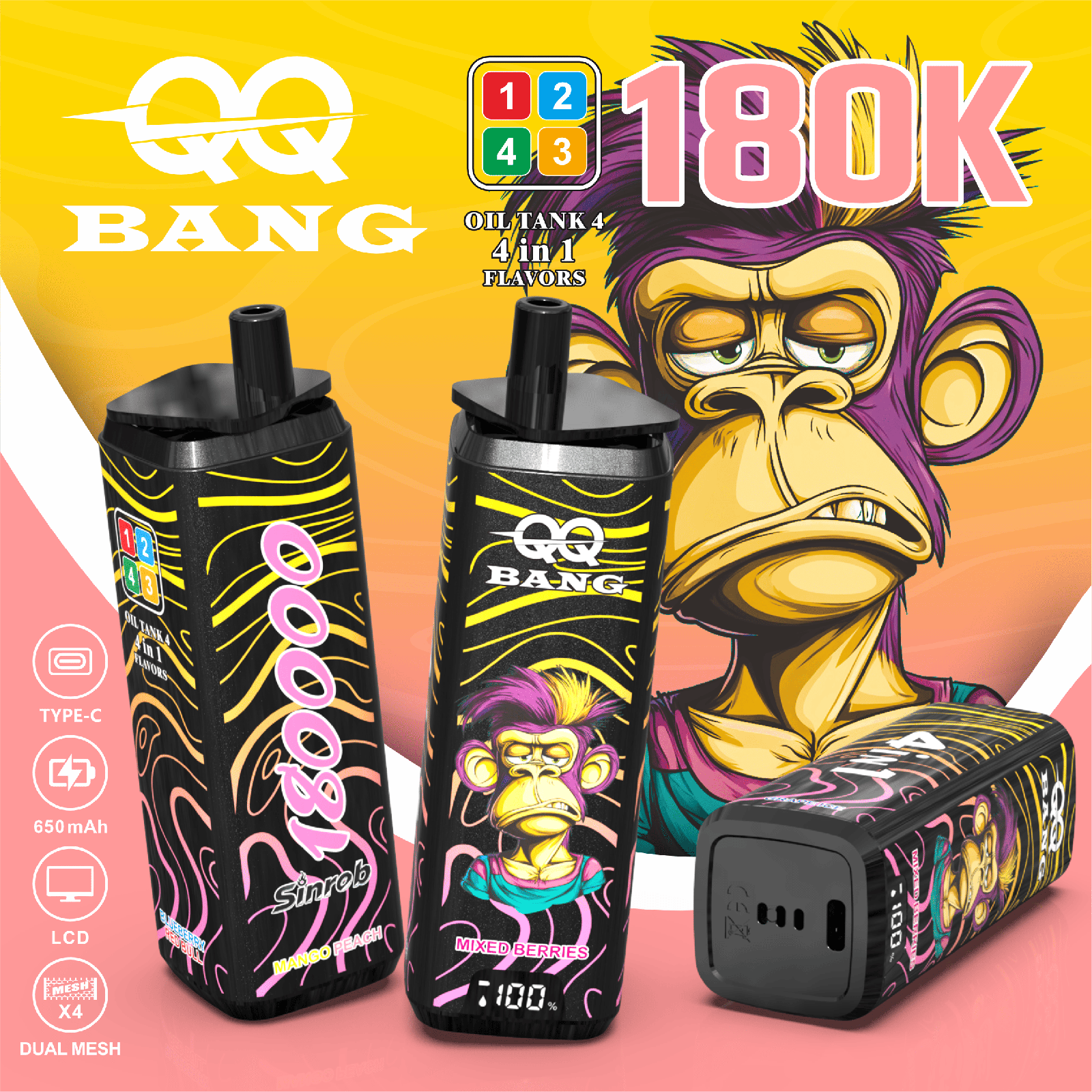 QQ Bang 180000 180K Puffs 4 In 1 Flavors LCD Display Rechargeable Disposable Vape in Random Mix flavor