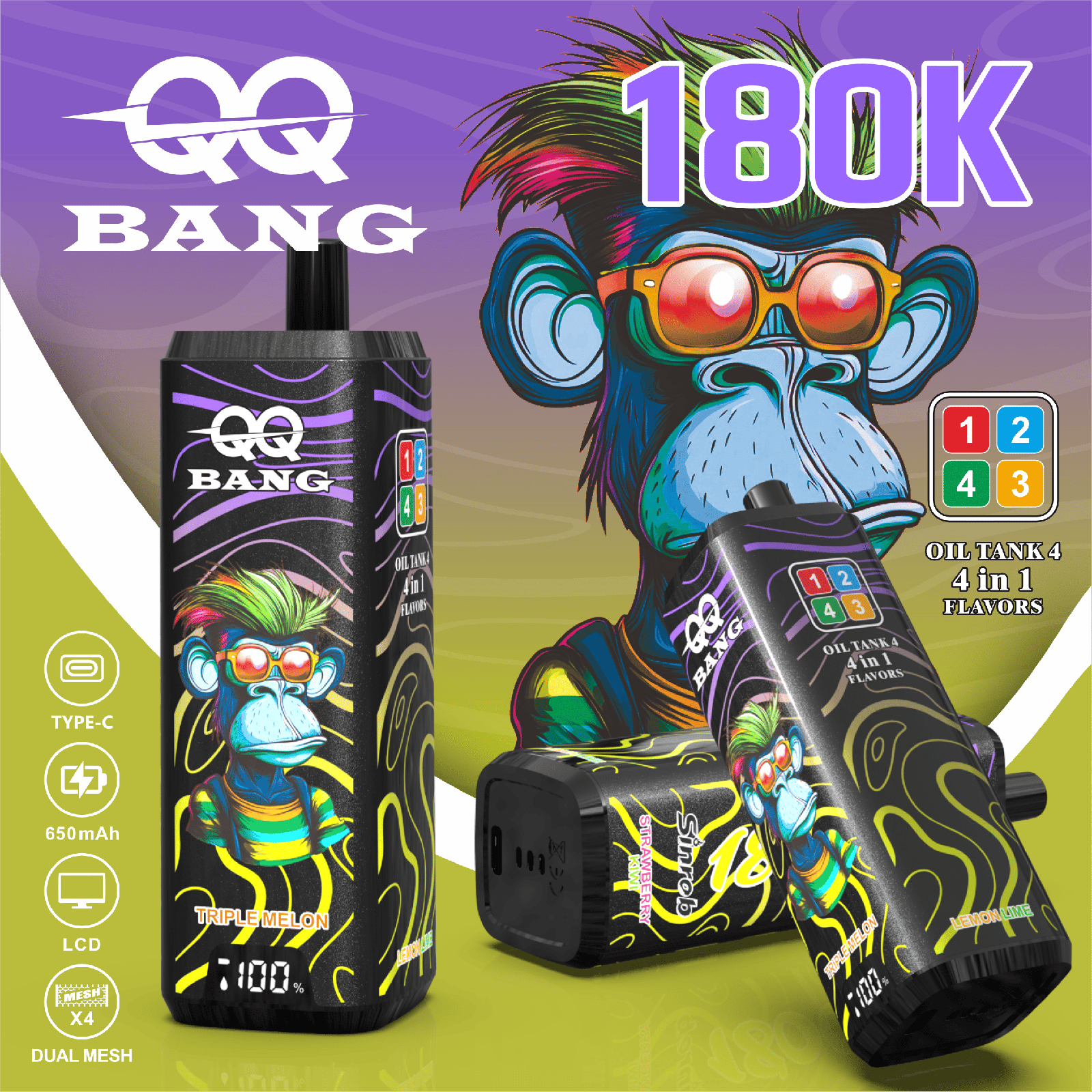 QQ Bang 180000 180K Puffs 4 In 1 Flavors LCD Display Rechargeable Disposable Vape in Strawberry Kiwi / Apple Grape / Triple Melon / Lemon Lime flavor