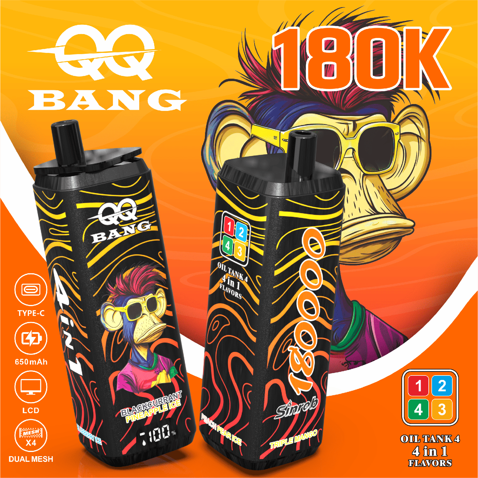 QQ Bang 180000 180K Puffs 4 In 1 Flavors LCD Display Rechargeable Disposable Vape in Triple Mango / Blueberry Ice / Blackcurrant Pineapple Ice / Peach