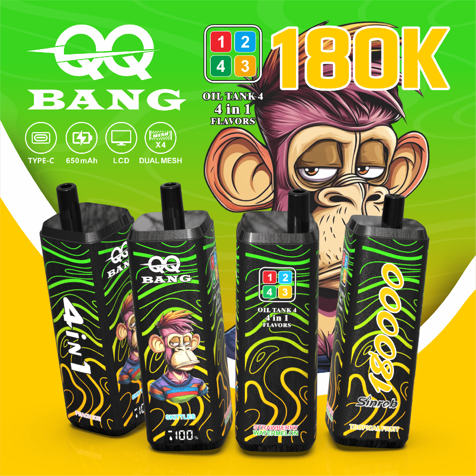 QQ Bang 180000 180K Puffs 4 In 1 Flavors LCD Display Rechargeable Disposable Vape in Tropical Fruit / Peach Ice / Skittles / Strawberry Watermelon flavor