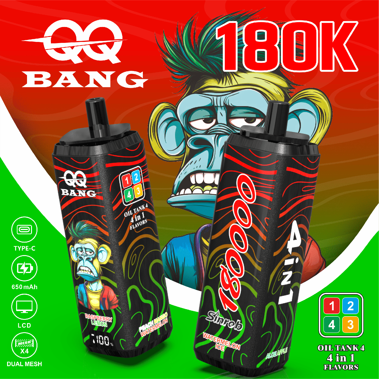 QQ Bang 180000 180K Puffs 4 In 1 Flavors LCD Display Rechargeable Disposable Vape in Watermelon Ice / Aloe Apple / Raspberry Lemon / Peach Mango