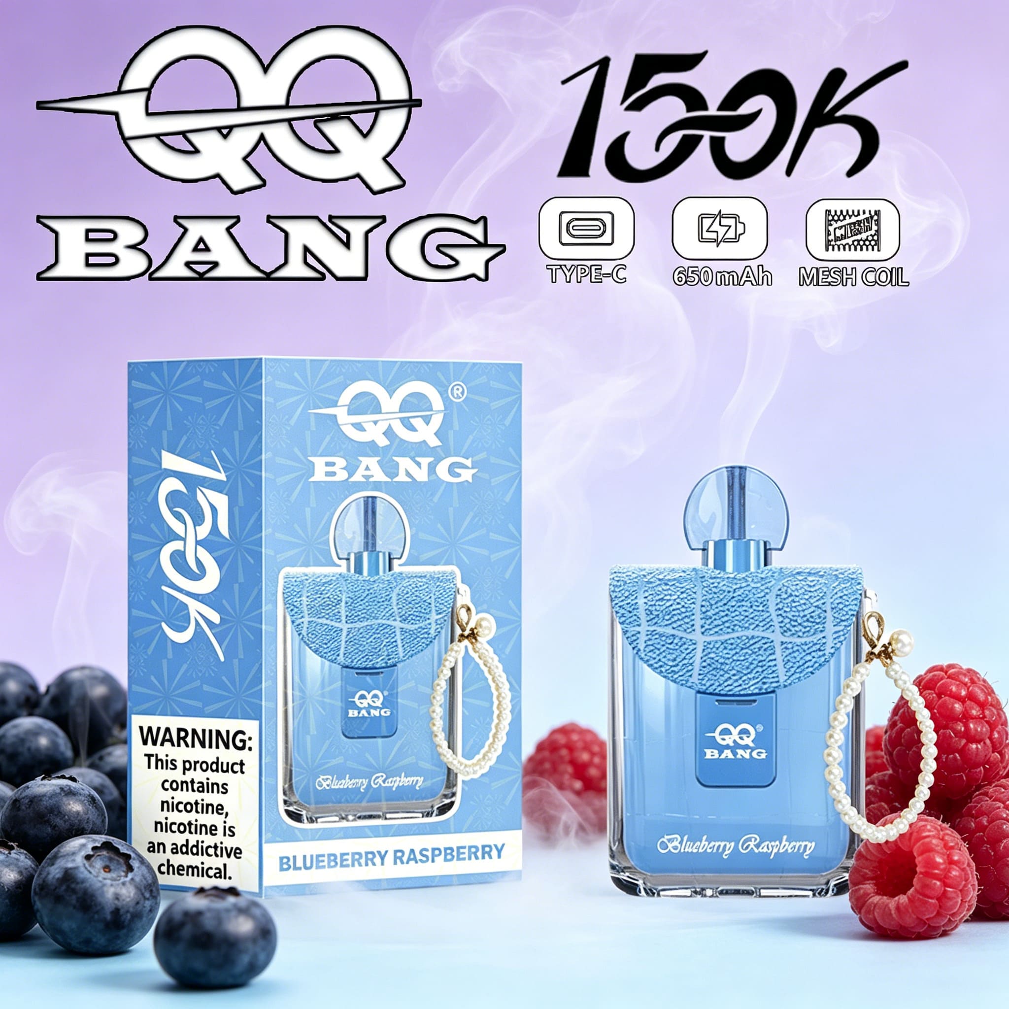 QQ Bang 150K Disposable Vape|Type-C Rechargeable Portable in Blueberry Raspberry flavor