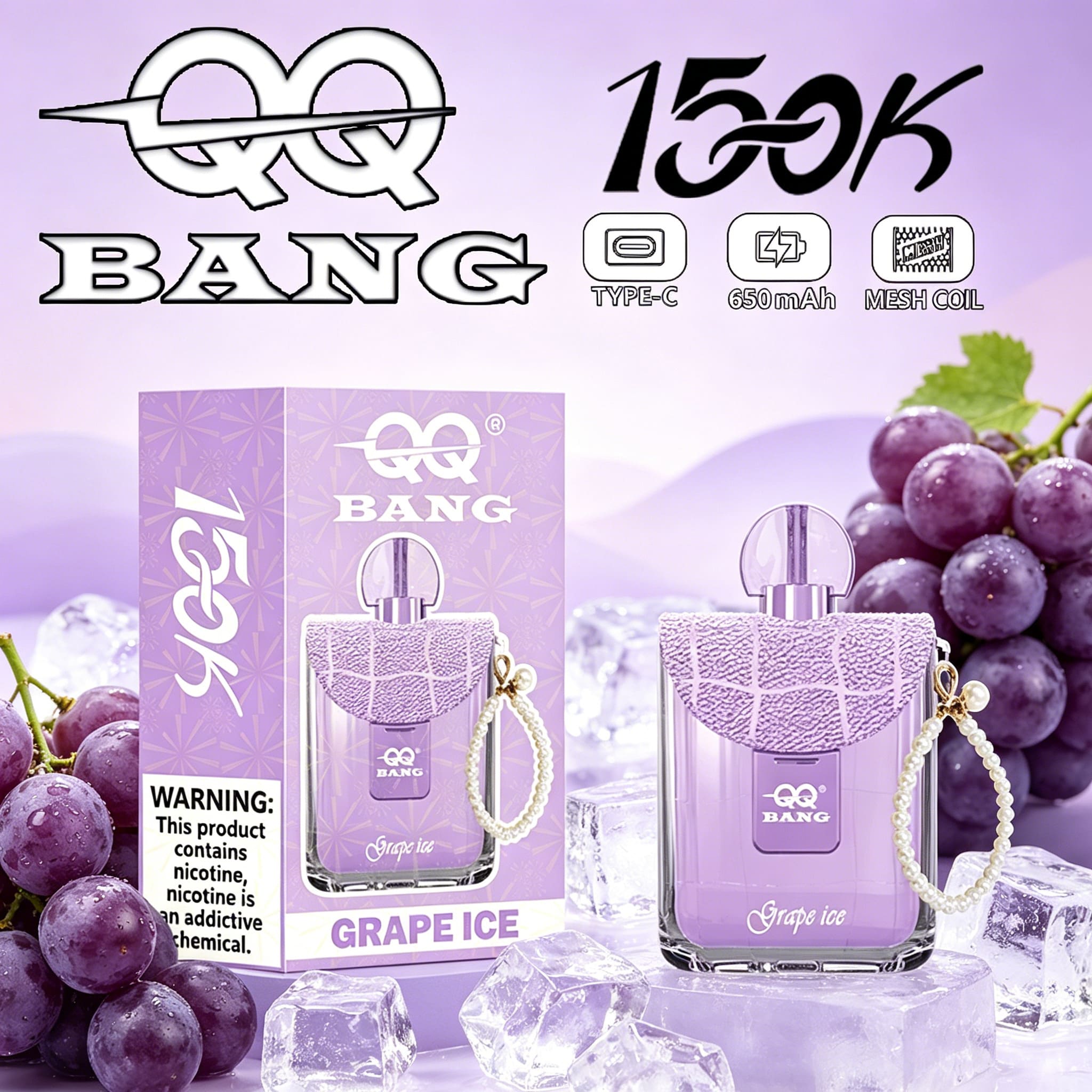 QQ Bang 150K Disposable Vape|Type-C Rechargeable Portable in Grape Ice flavor