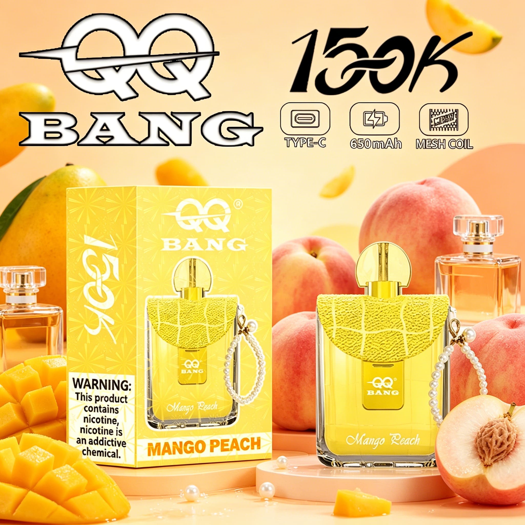 QQ Bang 150K Disposable Vape|Type-C Rechargeable Portable in Mango Peach flavor