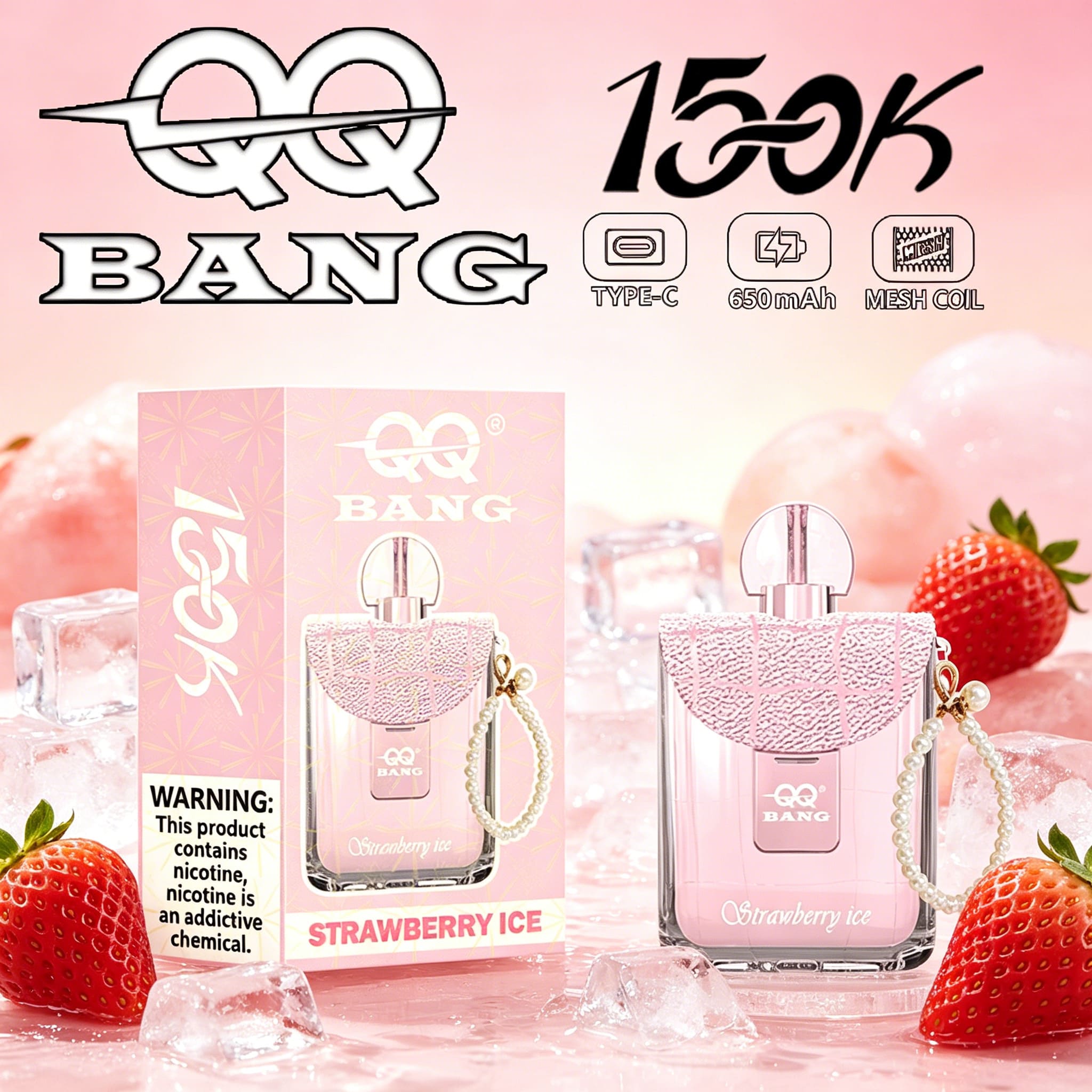 QQ Bang 150K Disposable Vape|Type-C Rechargeable Portable in Strawberry Ice flavor