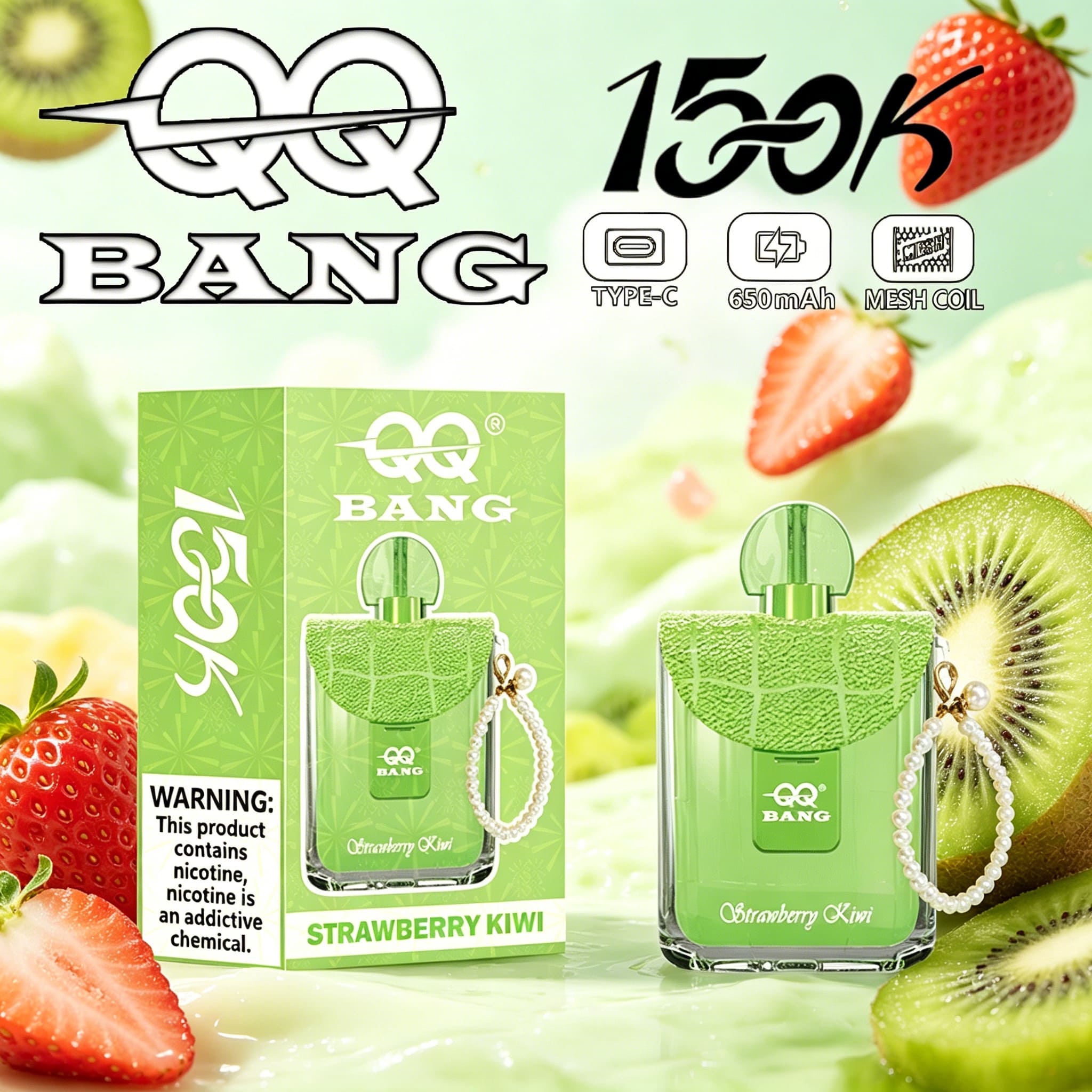 QQ Bang 150K Disposable Vape|Type-C Rechargeable Portable in Strawberry Kiwi flavor