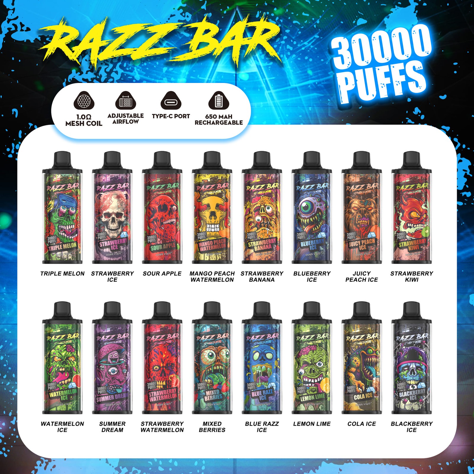 Razz Bar 30000 30K Puffs Disposable Vape | Long Lasting Rechargeable Vape with Adjustable Airflow product image