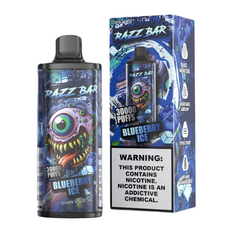 Razz Bar 30000 30K Puffs Disposable Vape | Long Lasting Rechargeable Vape with Adjustable Airflow in razz bar 30000 30k blueberry ice flavor