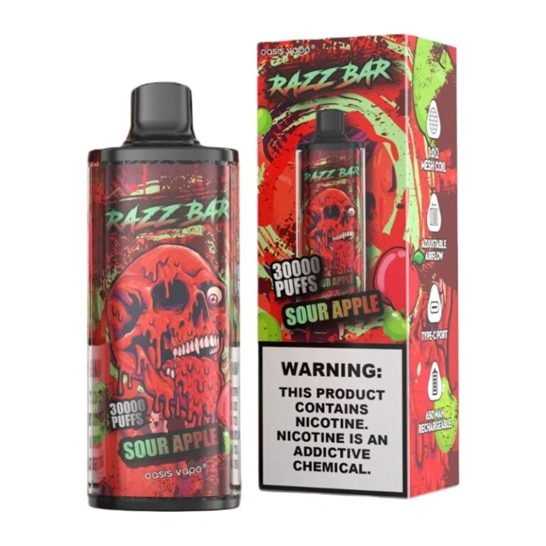 Razz Bar 30000 30K Puffs Disposable Vape | Long Lasting Rechargeable Vape with Adjustable Airflow in razz bar 30000 30k sour apple flavor