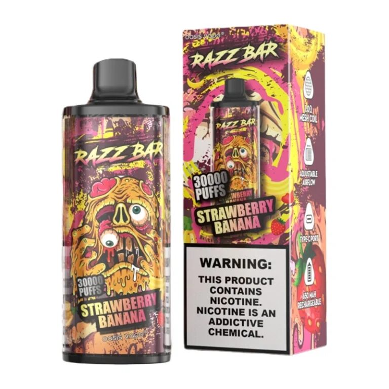 Razz Bar 30000 30K Puffs Disposable Vape | Long Lasting Rechargeable Vape with Adjustable Airflow in razz bar 30000 30k strawberry banana flavor