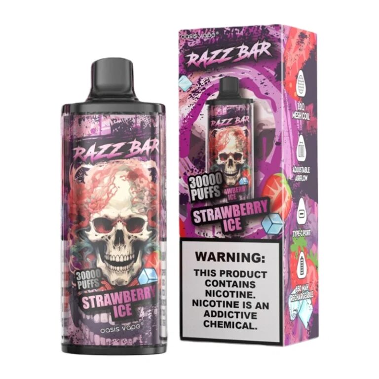 Razz Bar 30000 30K Puffs Disposable Vape | Long Lasting Rechargeable Vape with Adjustable Airflow in razz bar 30000 30k strawberry ice flavor