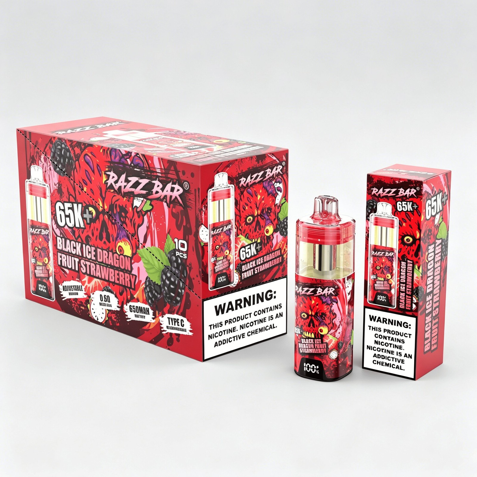 Razz Bar 65000 65K+ Puffs Disposable Vape | High Capacity Rechargeable Vape with Adjustable Airflow in Black Ice Dragon Fruit Strawberry flavor