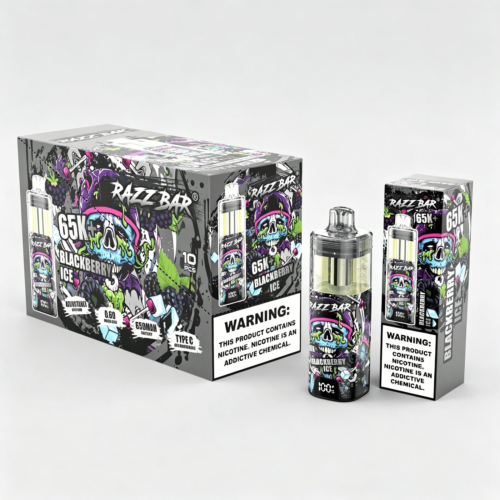 Razz Bar 65000 65K+ Puffs Disposable Vape | High Capacity Rechargeable Vape with Adjustable Airflow in Blackberry Ice flavor