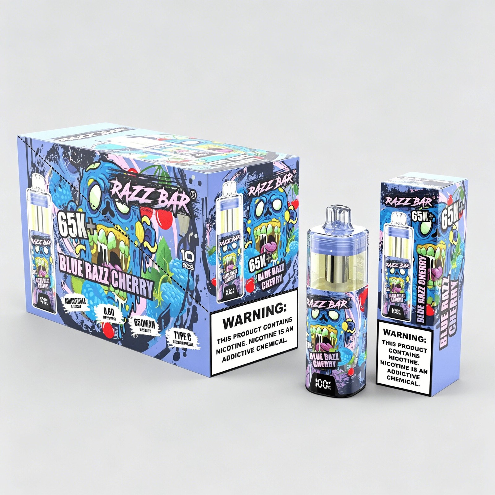 Razz Bar 65000 65K+ Puffs Disposable Vape | High Capacity Rechargeable Vape with Adjustable Airflow in Blue Razz Cherry flavor