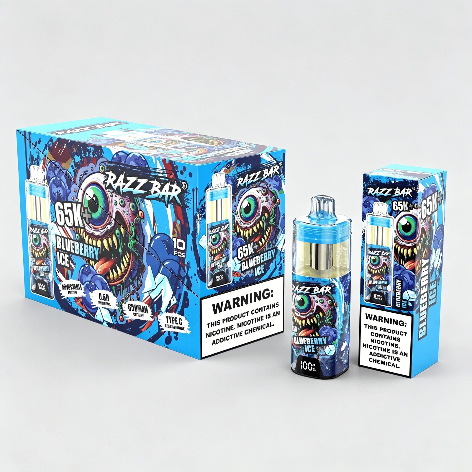 Razz Bar 65000 65K+ Puffs Disposable Vape | High Capacity Rechargeable Vape with Adjustable Airflow in Blueberry Ice flavor