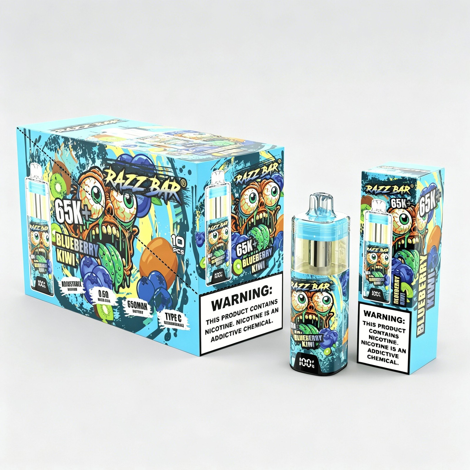 Razz Bar 65000 65K+ Puffs Disposable Vape | High Capacity Rechargeable Vape with Adjustable Airflow in Blueberry Kiwi flavor