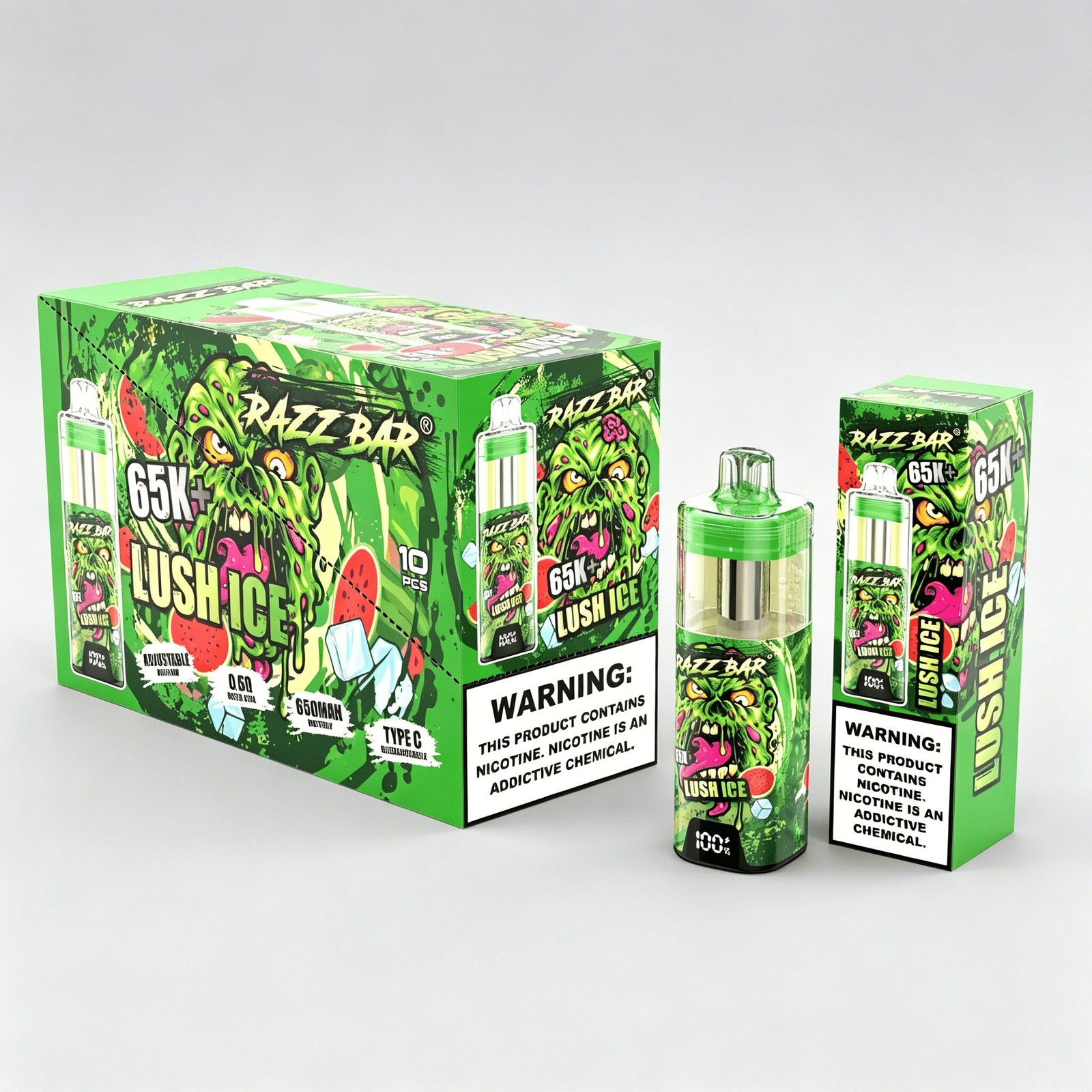 Razz Bar 65000 65K+ Puffs Disposable Vape | High Capacity Rechargeable Vape with Adjustable Airflow in Lush Ice flavor