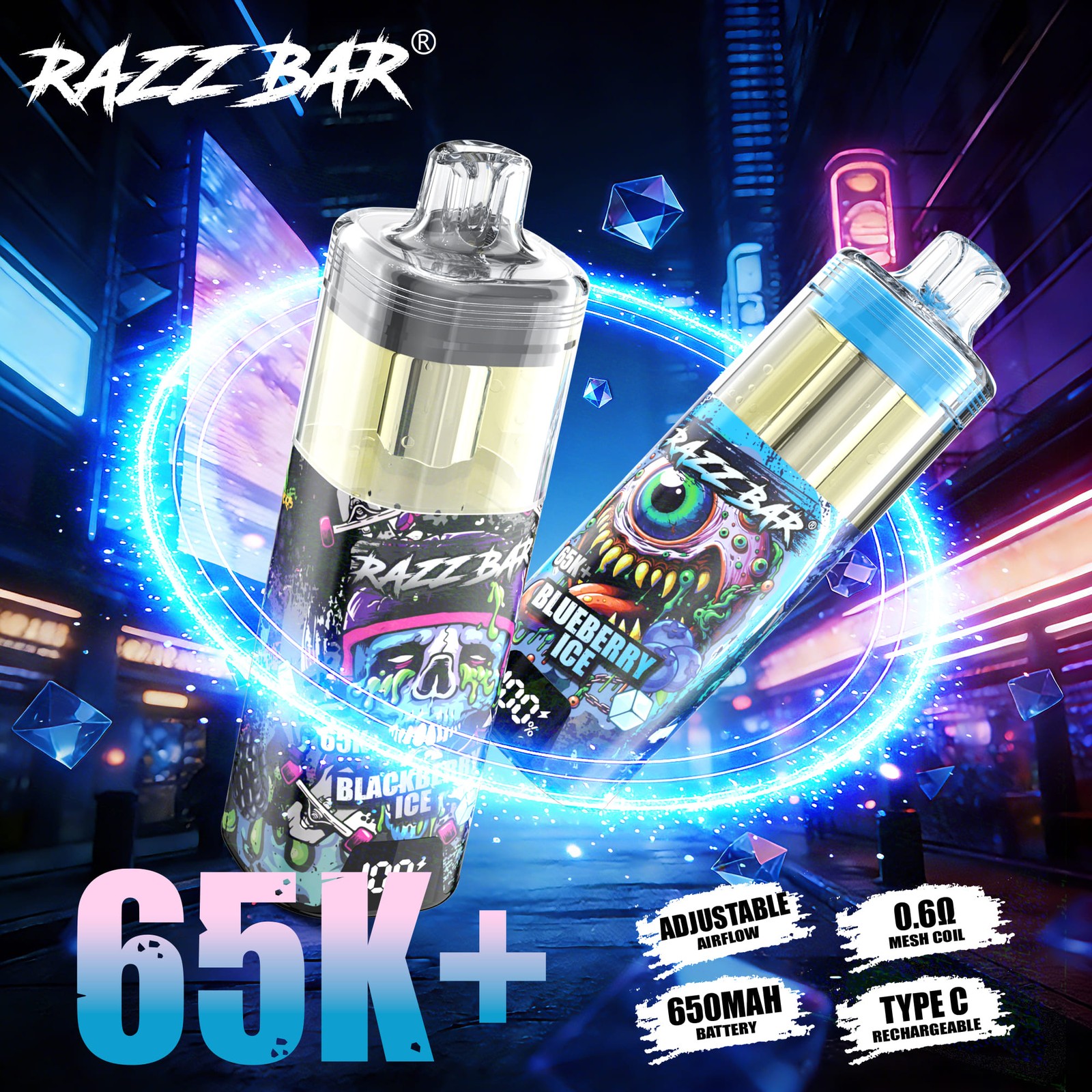 Razz Bar 65000 65K+ Puffs Disposable Vape | High Capacity Rechargeable Vape with Adjustable Airflow product image