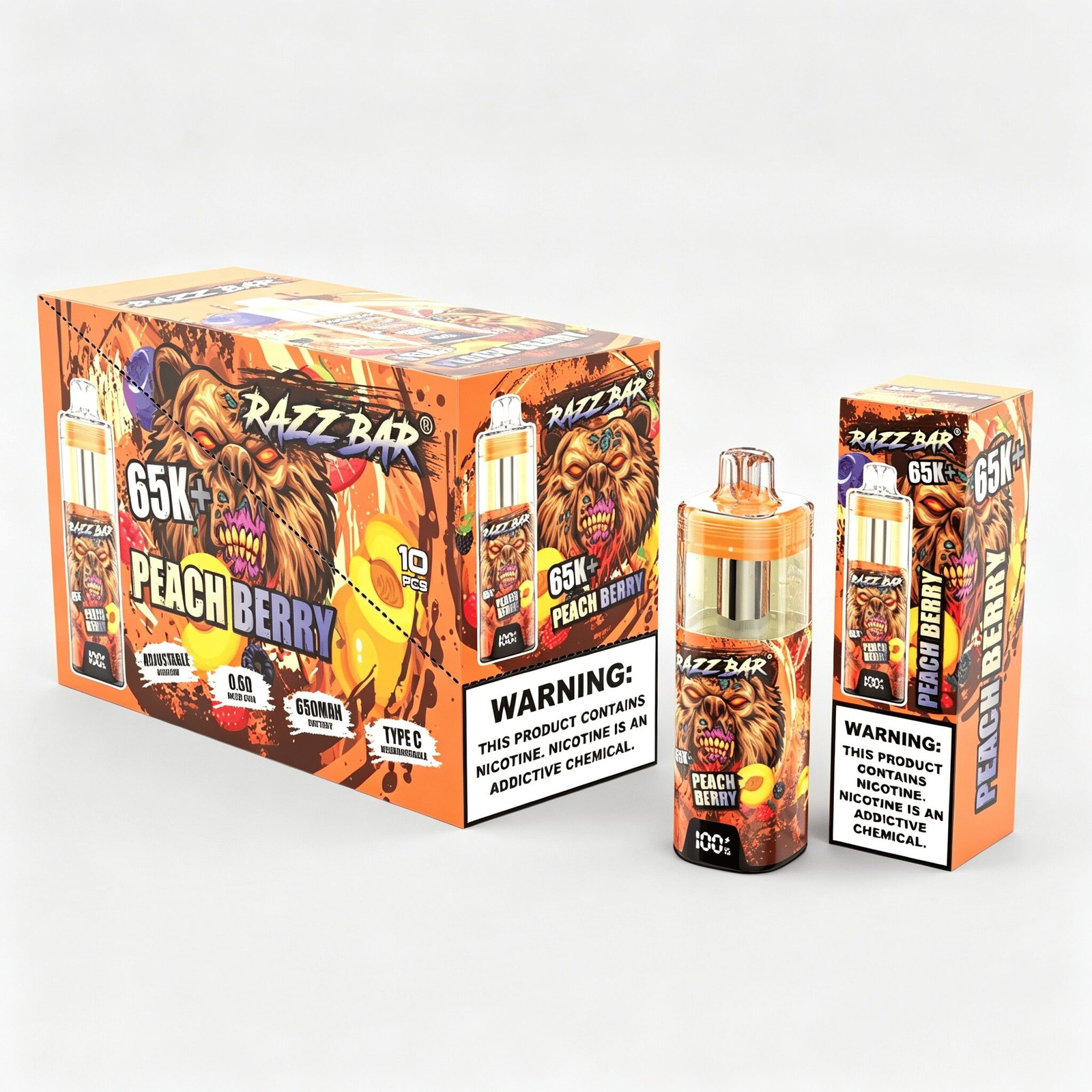 Razz Bar 65000 65K+ Puffs Disposable Vape | High Capacity Rechargeable Vape with Adjustable Airflow in Peach Berry flavor