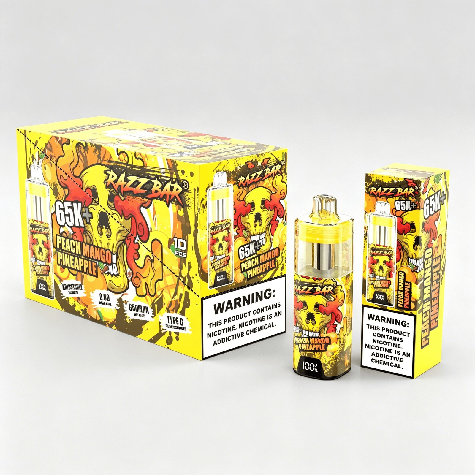 Razz Bar 65000 65K+ Puffs Disposable Vape | High Capacity Rechargeable Vape with Adjustable Airflow in Peach Mango Pineapple flavor