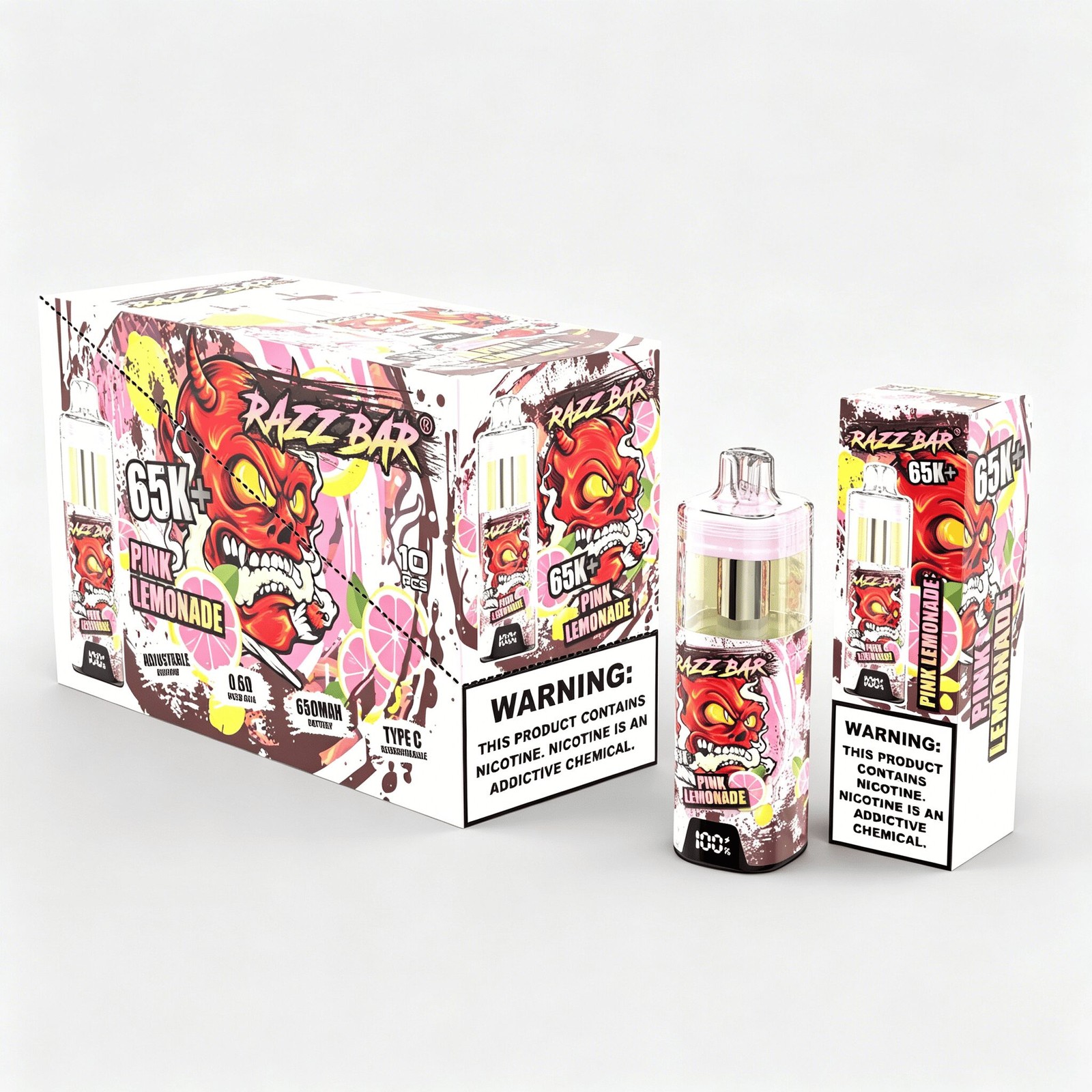 Razz Bar 65000 65K+ Puffs Disposable Vape | High Capacity Rechargeable Vape with Adjustable Airflow in Pink Lemonade flavor
