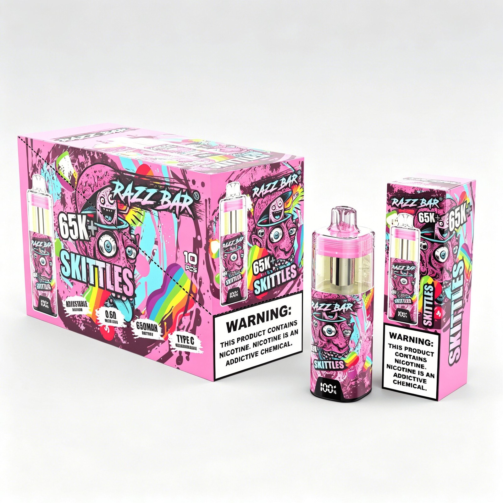 Razz Bar 65000 65K+ Puffs Disposable Vape | High Capacity Rechargeable Vape with Adjustable Airflow in Skittles flavor