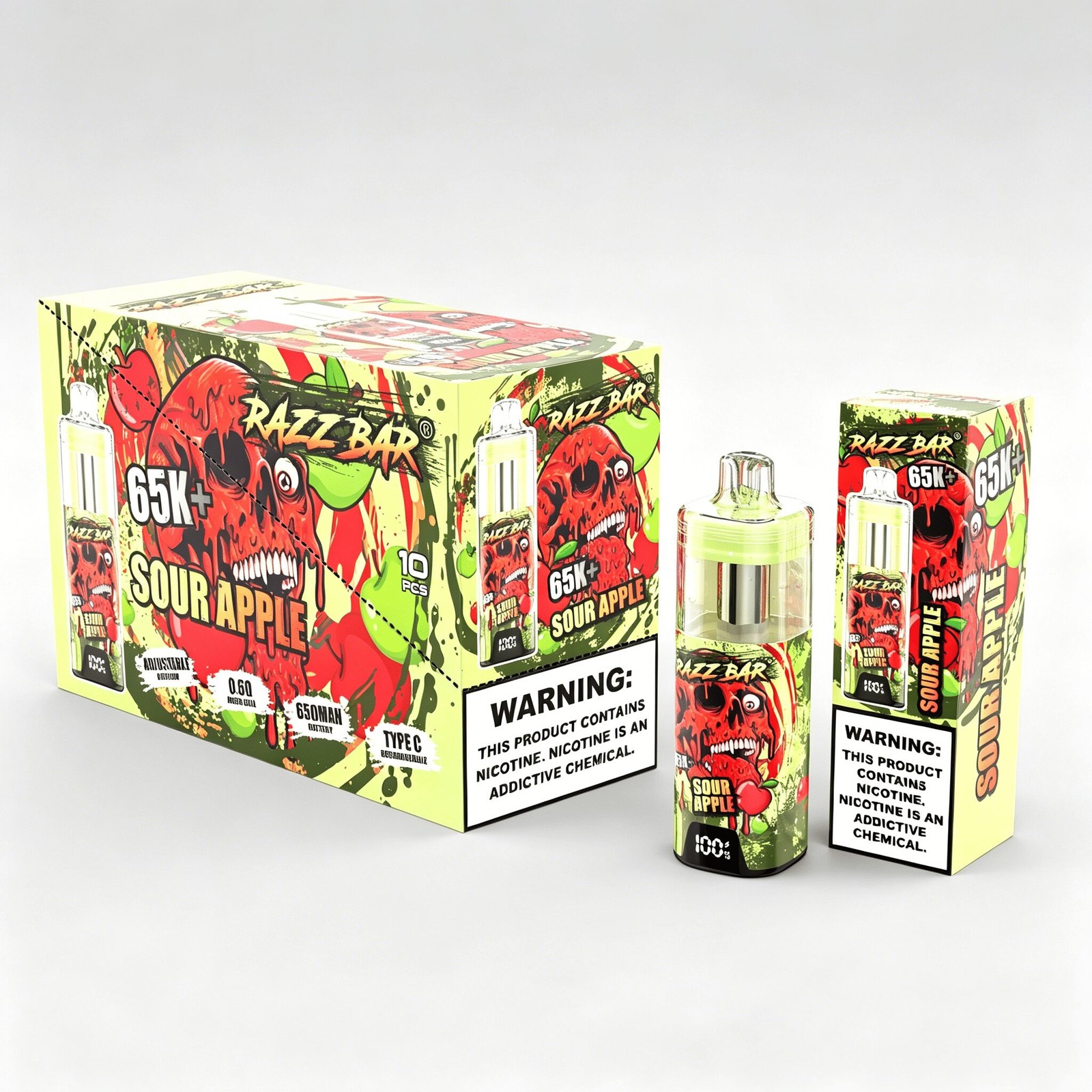 Razz Bar 65000 65K+ Puffs Disposable Vape | High Capacity Rechargeable Vape with Adjustable Airflow in Sour Apple flavor