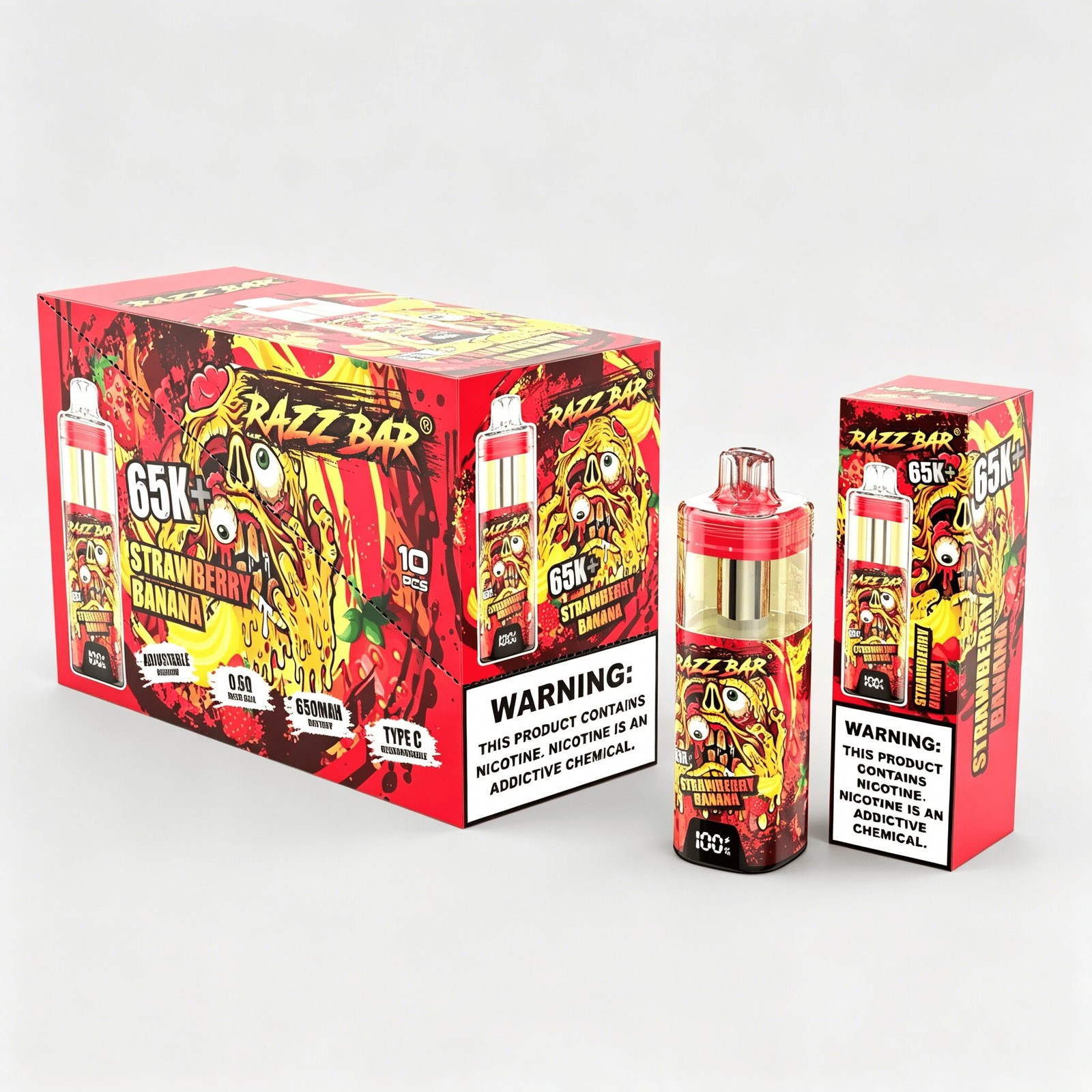 Razz Bar 65000 65K+ Puffs Disposable Vape | High Capacity Rechargeable Vape with Adjustable Airflow in Strawberry Banana flavor