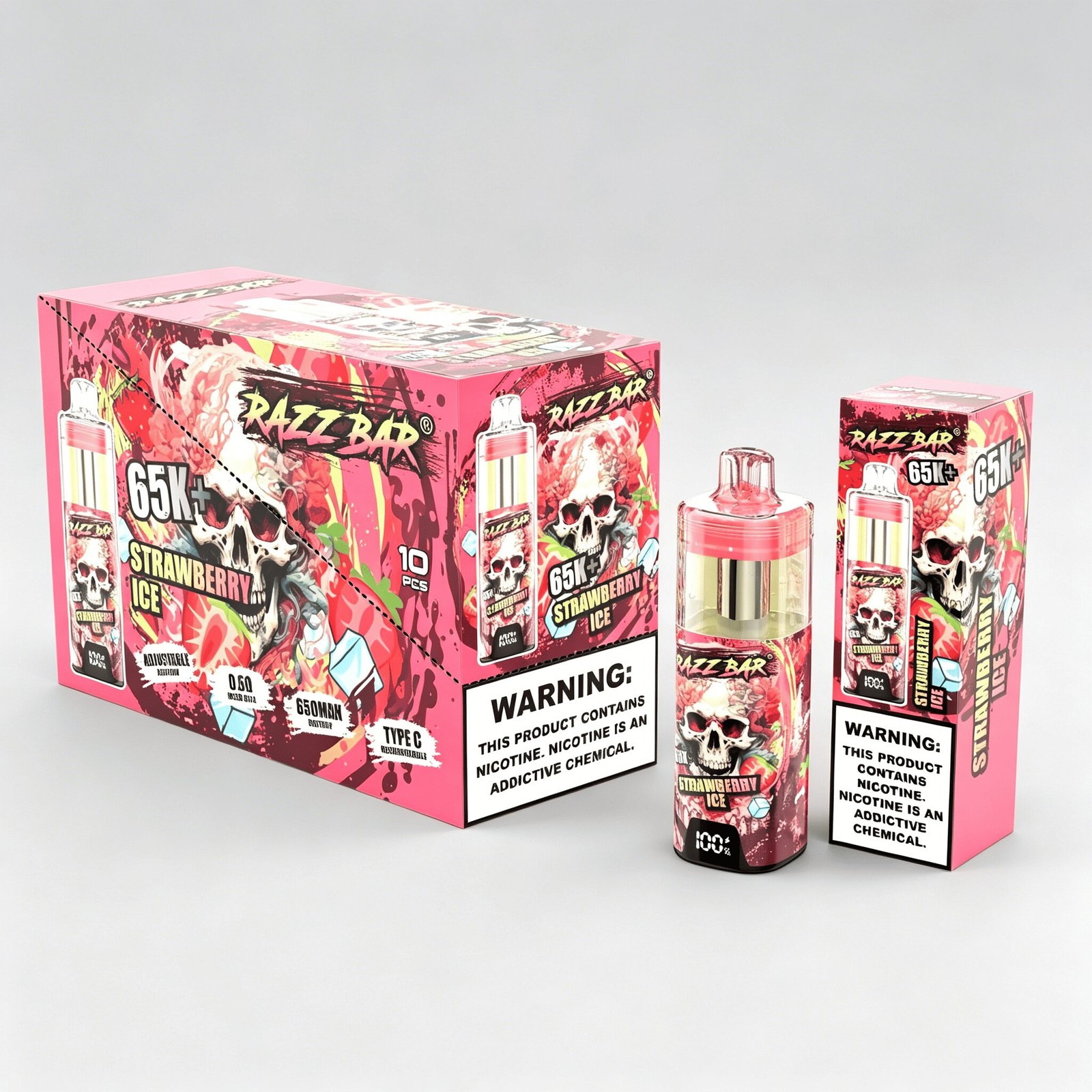 Razz Bar 65000 65K+ Puffs Disposable Vape | High Capacity Rechargeable Vape with Adjustable Airflow in Strawberry Ice flavor