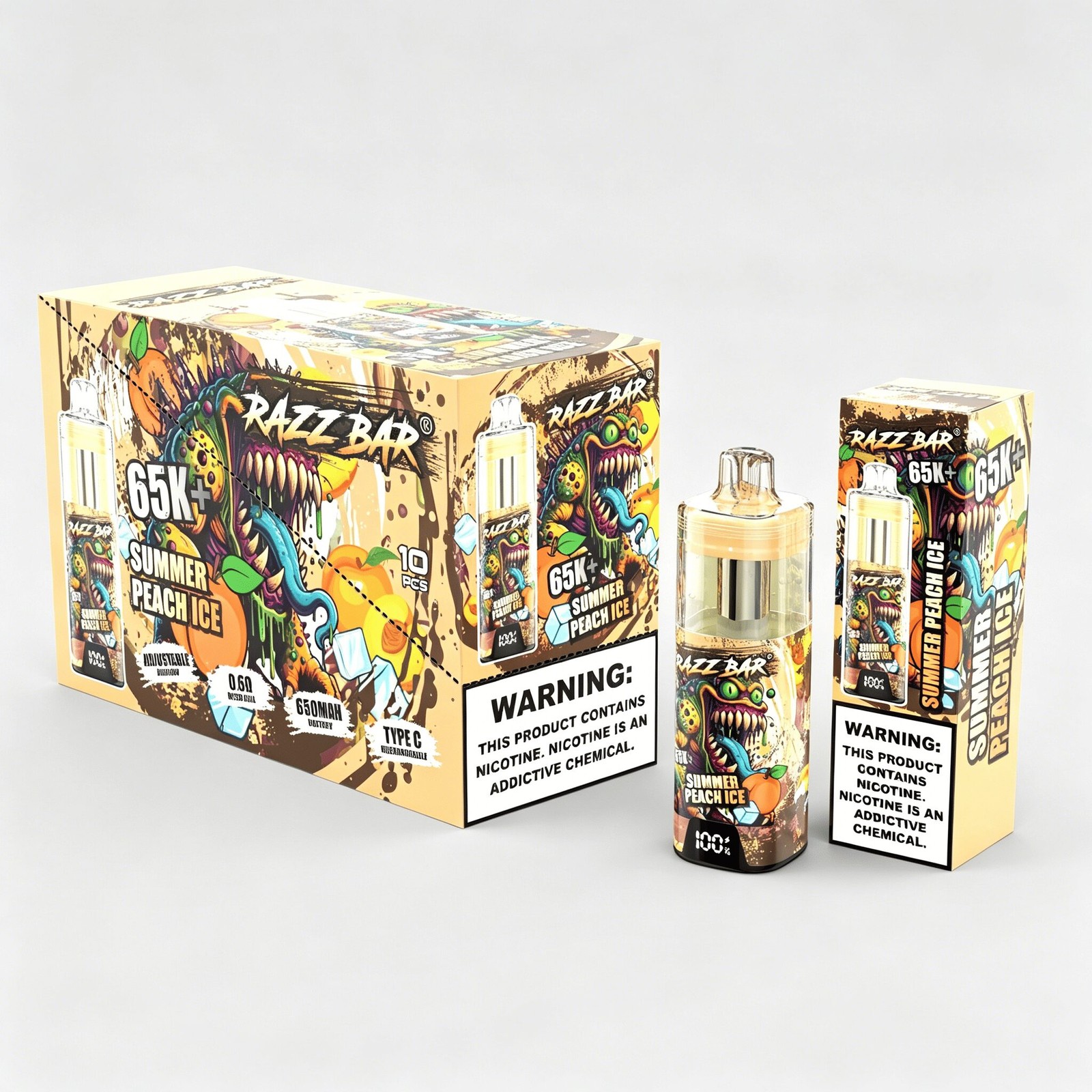 Razz Bar 65000 65K+ Puffs Disposable Vape | High Capacity Rechargeable Vape with Adjustable Airflow in Summer Peach Ice flavor